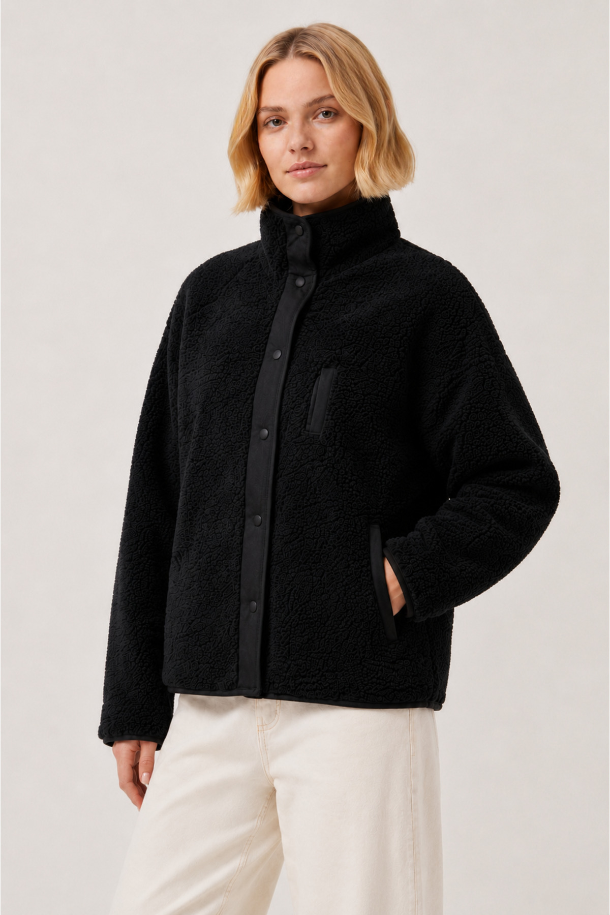 Grenj Fashion Siyah Oversize Peluş Örme Spor Ceket