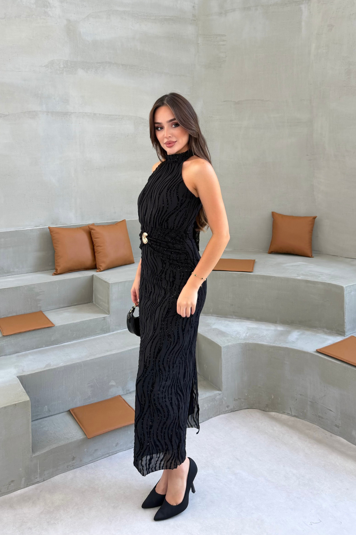 Nika Fashion Kadın Flok Baskı Boyundan Bağlamalı Sim Detay Maxi Boy Elbise görsel 5