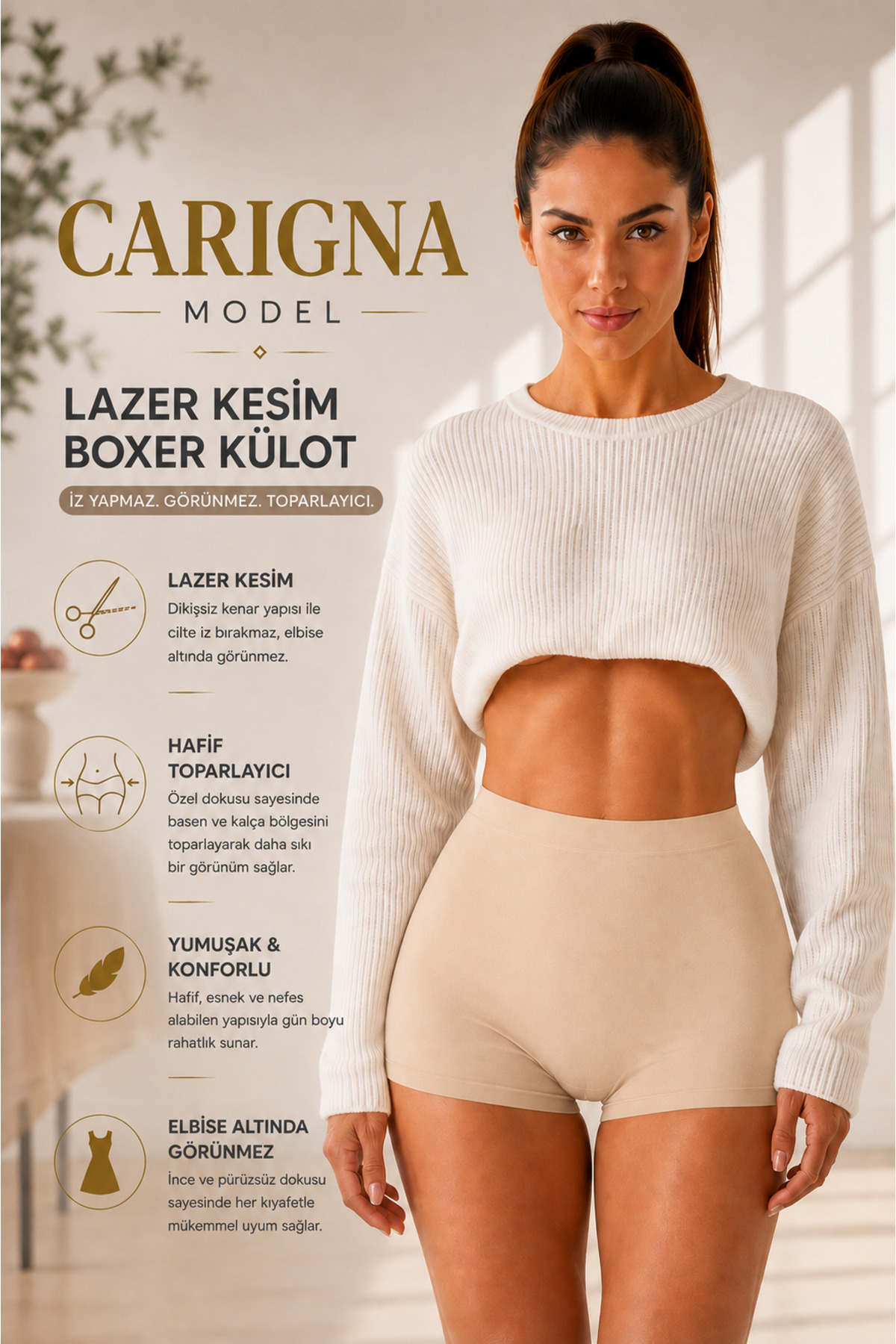 MİSTİRİK Carigna Model Dikişsiz Lazer Kesim Külot Boxer Esnek Iz Yapmayan Model Ten Renk