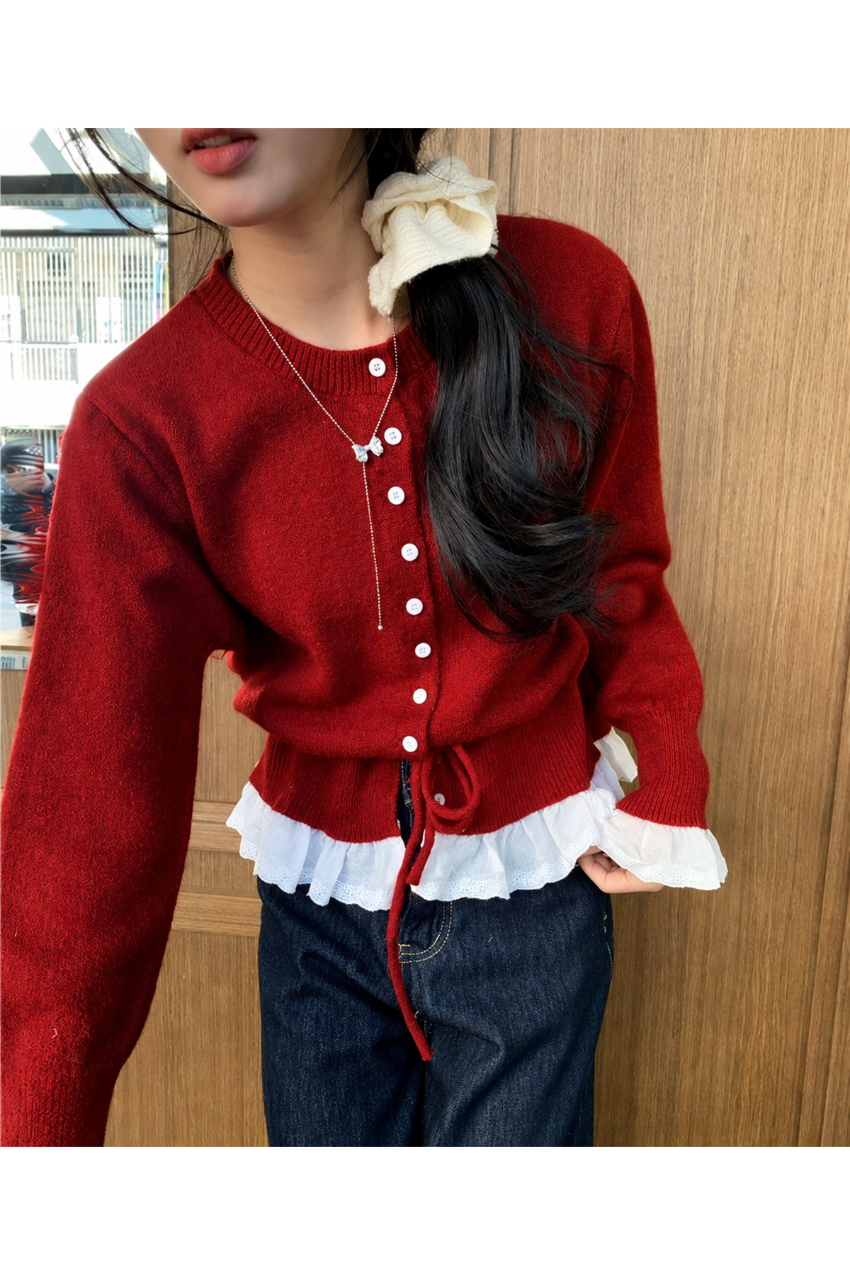 NATUFIAN STORE Kadın Beli Ayarlamalı Kenarları Dantelli Bisiklet Yaka Triko Basic Hırka görsel 5