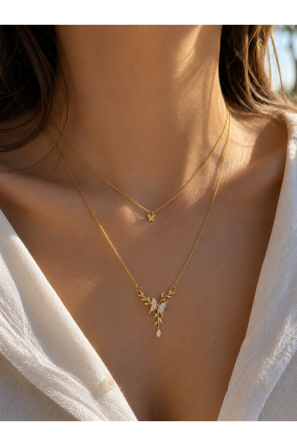 ATALYA ACCESSORY Çift Katlı Daldaki Zirkon Taşlı Gold Renk Kolye, Minimal Şık Kadın Kolye