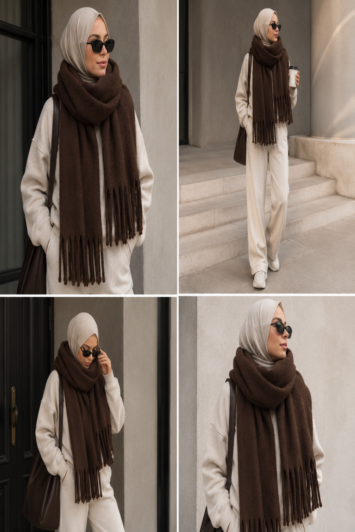 Salt & Sandy Unisex Premium Soft Buklet Atkı, Yumuşak Dokulu Saçaklı Kışlık Atkı - KAHVE görsel 5
