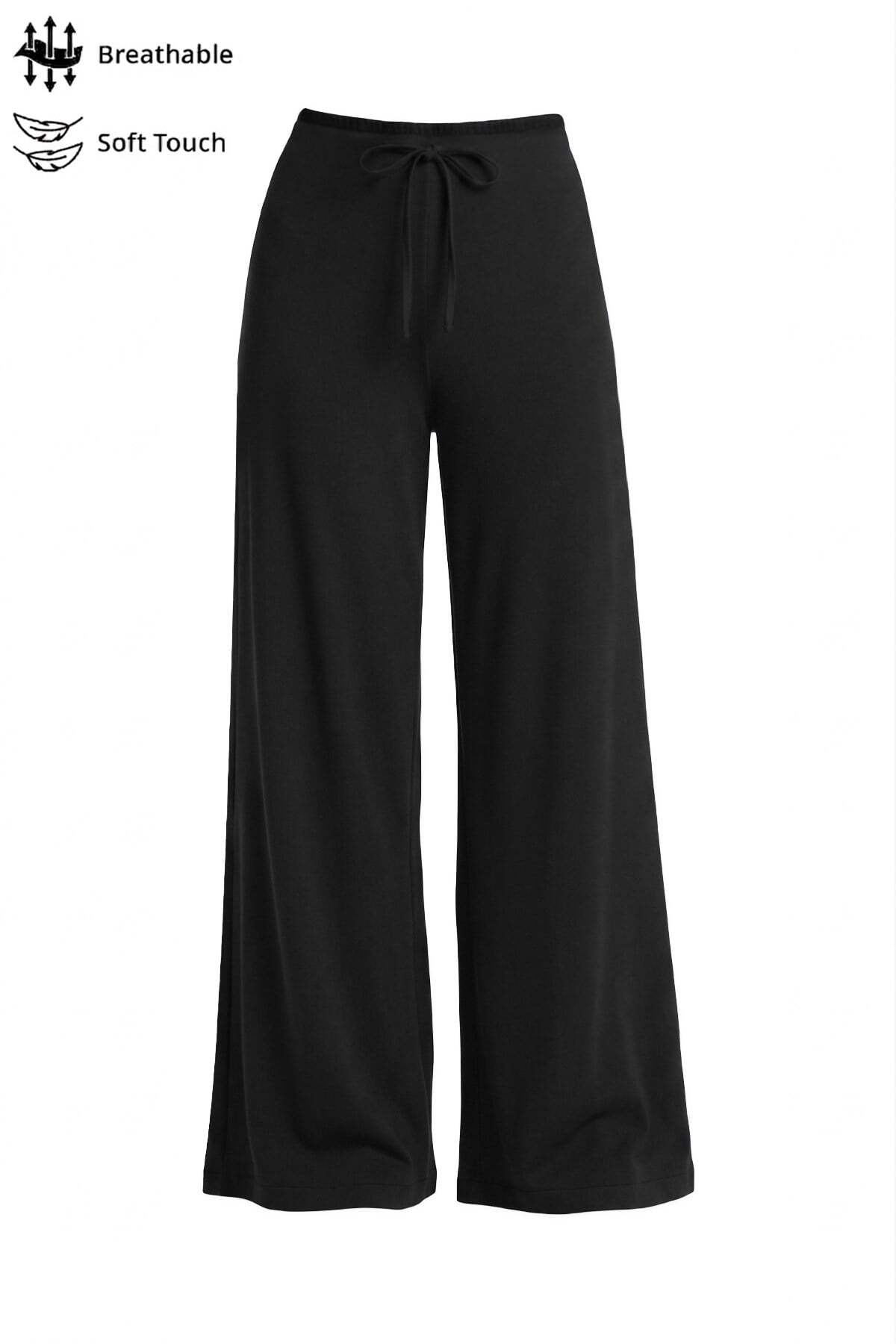 Cottonhill Siyah Viskon Basic Yüksek Bel Bol Paça Bağcıklı Kadın Pantolon
