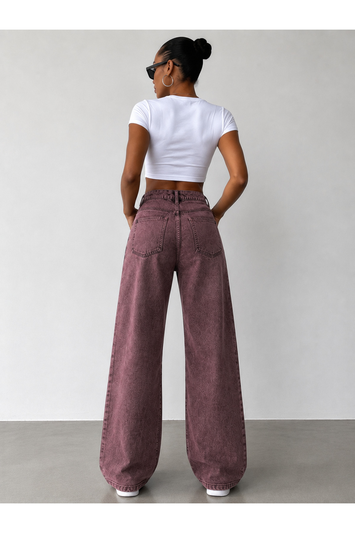 komera Kadın özel tasarım bordo renk 9s-1 yüksek bel %100 koton denim pantolon görsel 2