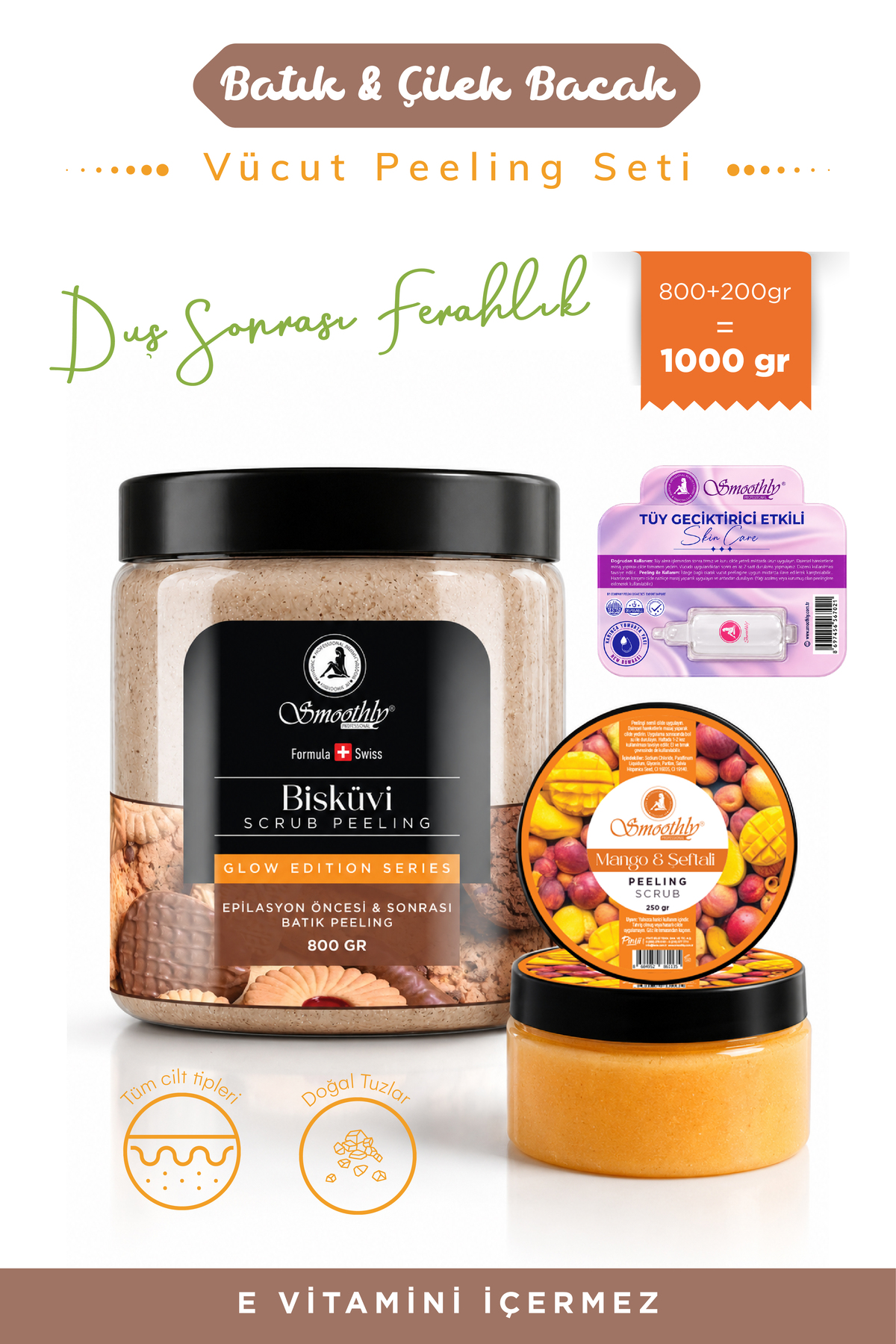 Smoothly Epilasyon, Ağda Sonrası Batık Peeling 1kg Set Bisküvi Peeling+mango Şeftali Peeling+tüy Geciktirici — BİSKÜVİ800MANGO200