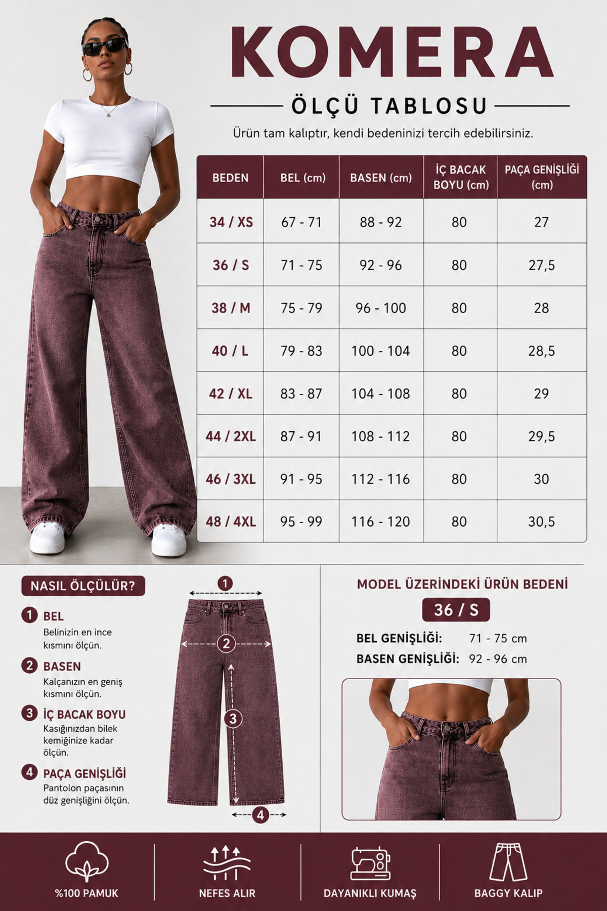 komera Kadın özel tasarım bordo renk 9s-1 yüksek bel %100 koton denim pantolon görsel 4