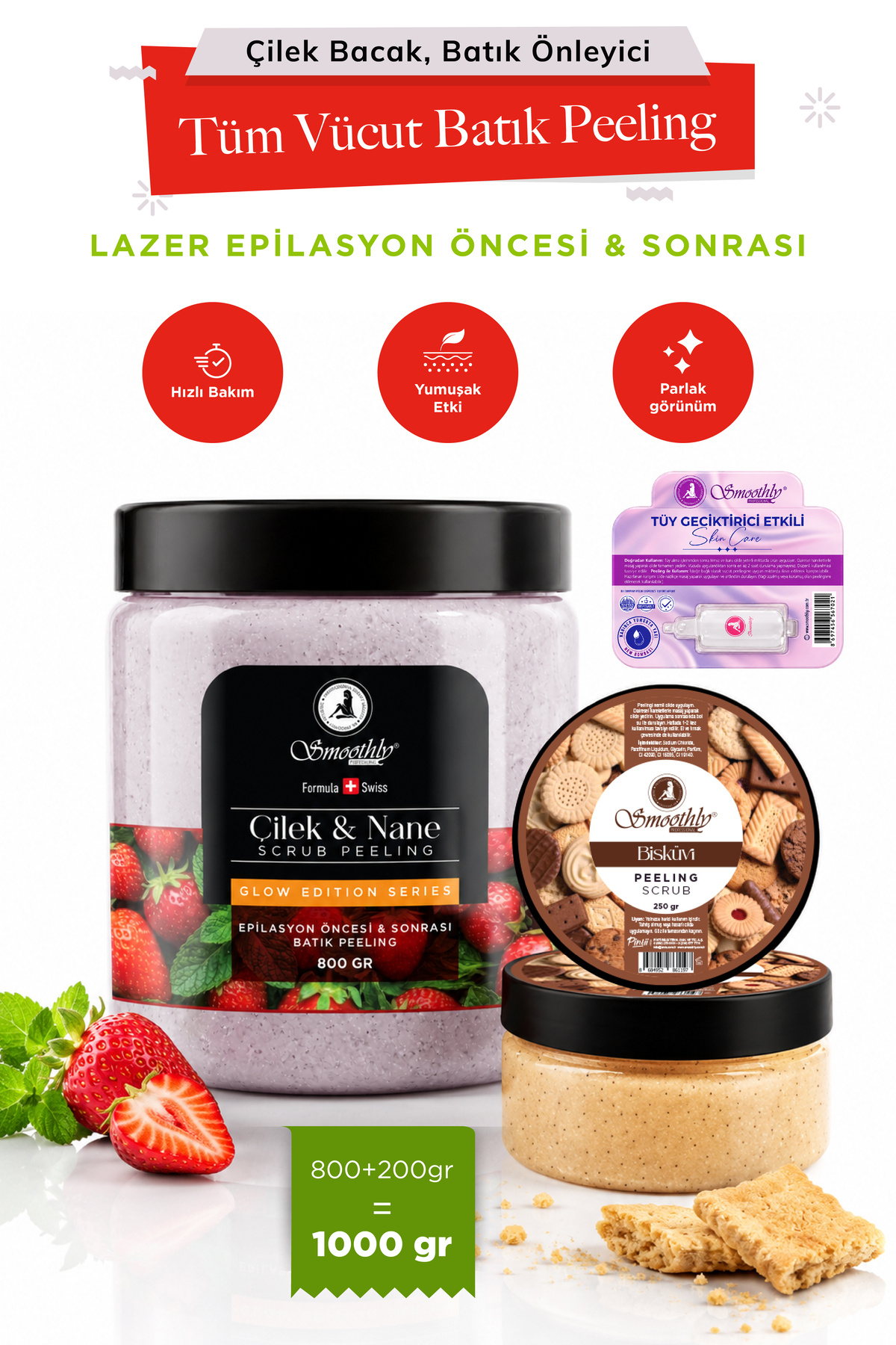 Smoothly Epilasyon Ağda Sonrası Batık Peeling Çilek Nane Peeling 800ml + Bisküvi Peeling + Tüy Geciktirici — ÇİLEKNANE800BİSKÜVİ200