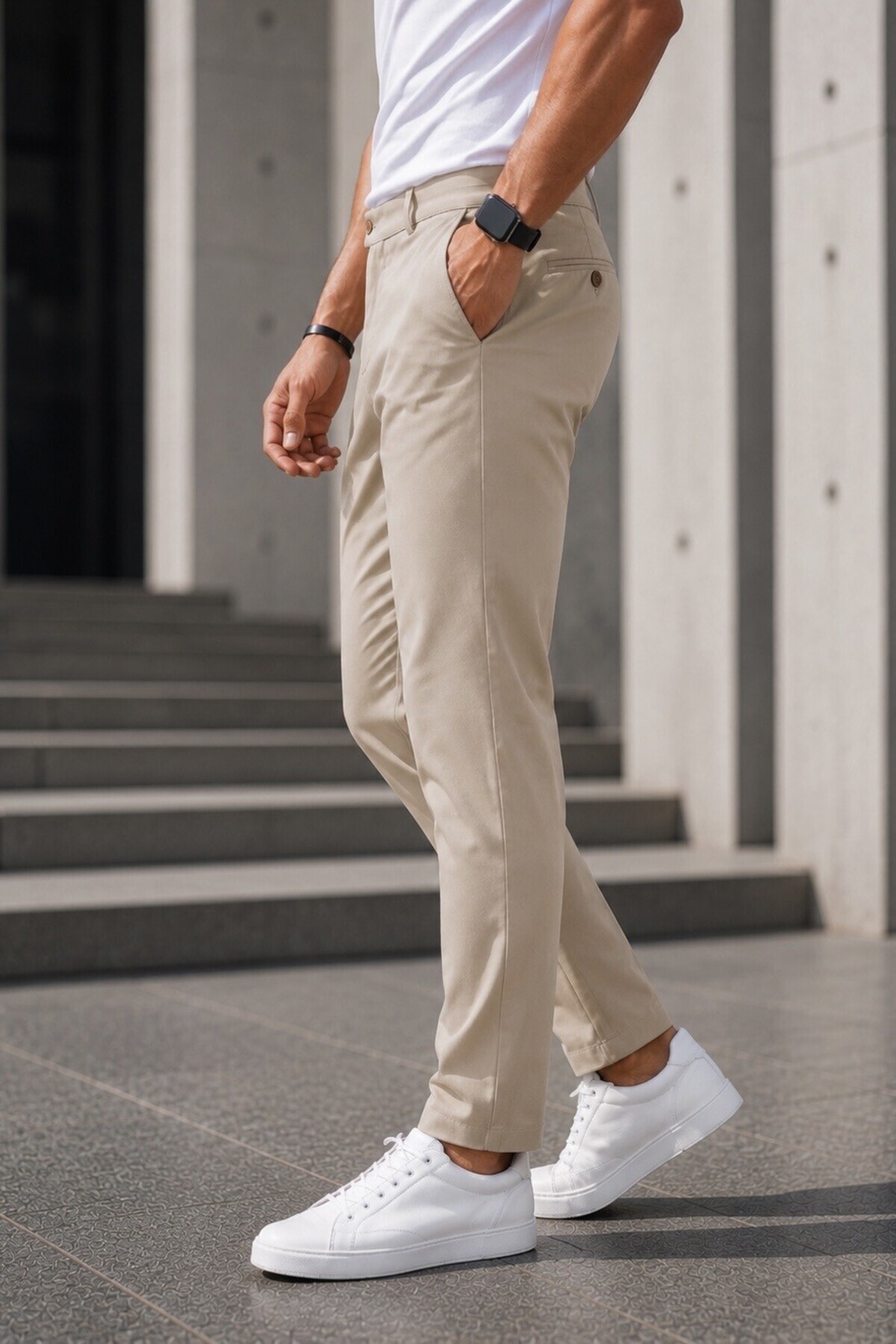 Gussi Erkek Bej Renk Kaliteli Esnek Likralı Slim Fit Kumaş Pantolon görsel 4