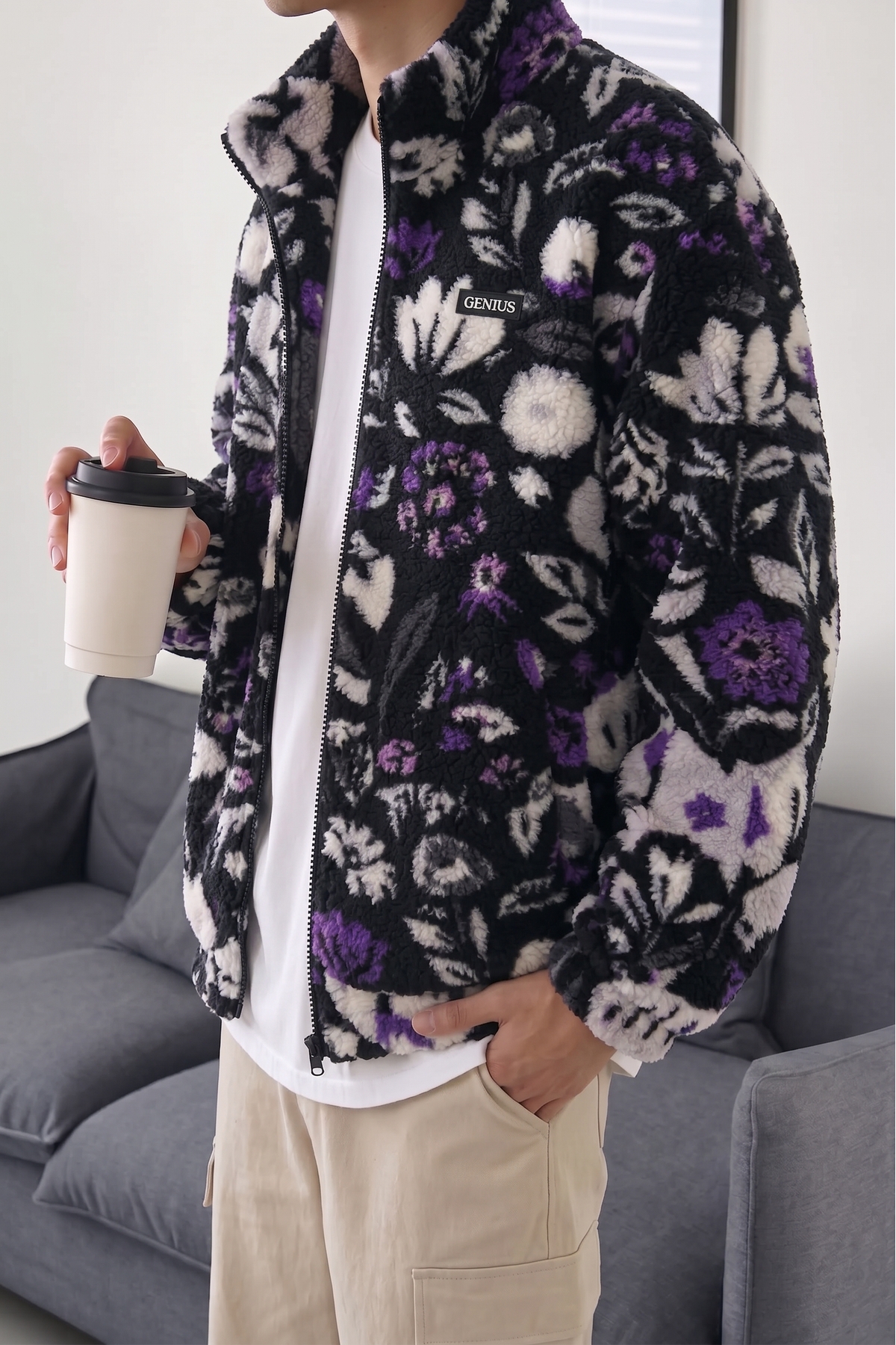 GENIUS STORE Oversize Peluş Tam Fermuarlı Sweatshirt Peluş İçi Polarlı Sherpa Kumaş Sweatshirt görsel 2