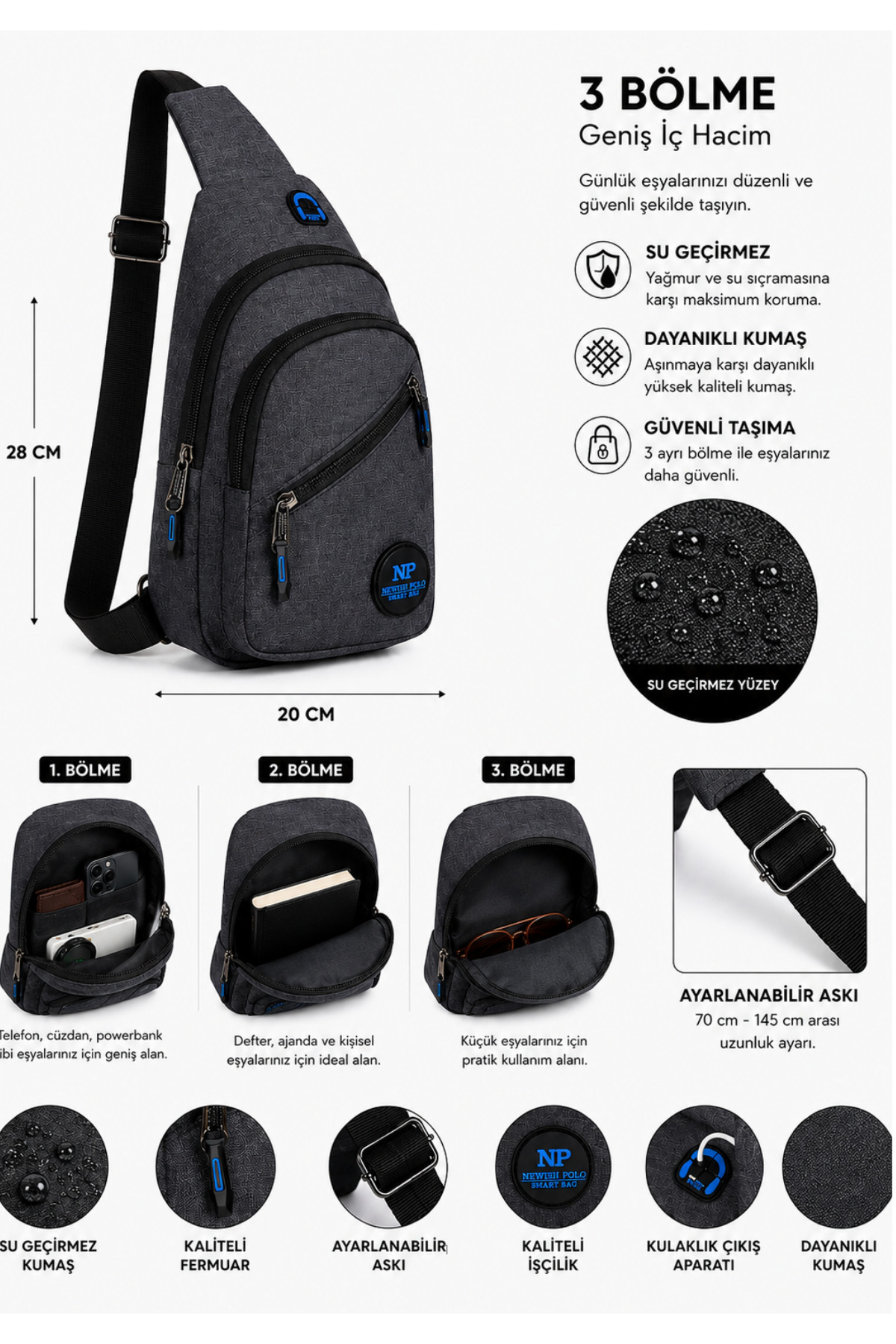 NEWISH POLO ACCESSORIES Newish Polo Unisex Su Geçirmez Çapraz Askılı Bel Omuz Göğüs Ve Spor Çanta Günlük Bodybag Tek Kol görsel 2