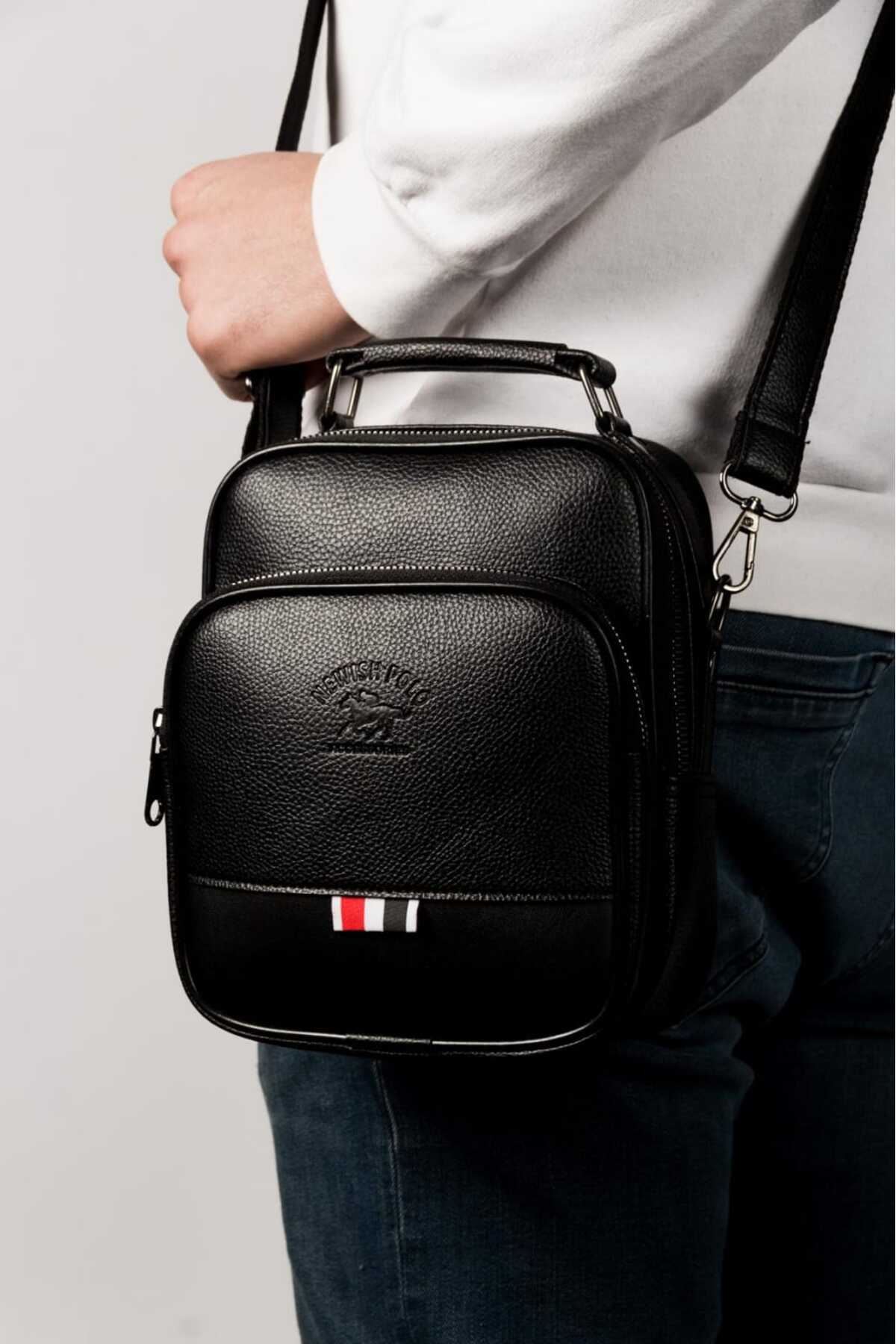 Newish Polo Erkek Siyah Deri Voyager Şık Günlük El Ve Omuz Çantası Şık Crossbody Günlük Erkek Seyahat Çantası görsel 3