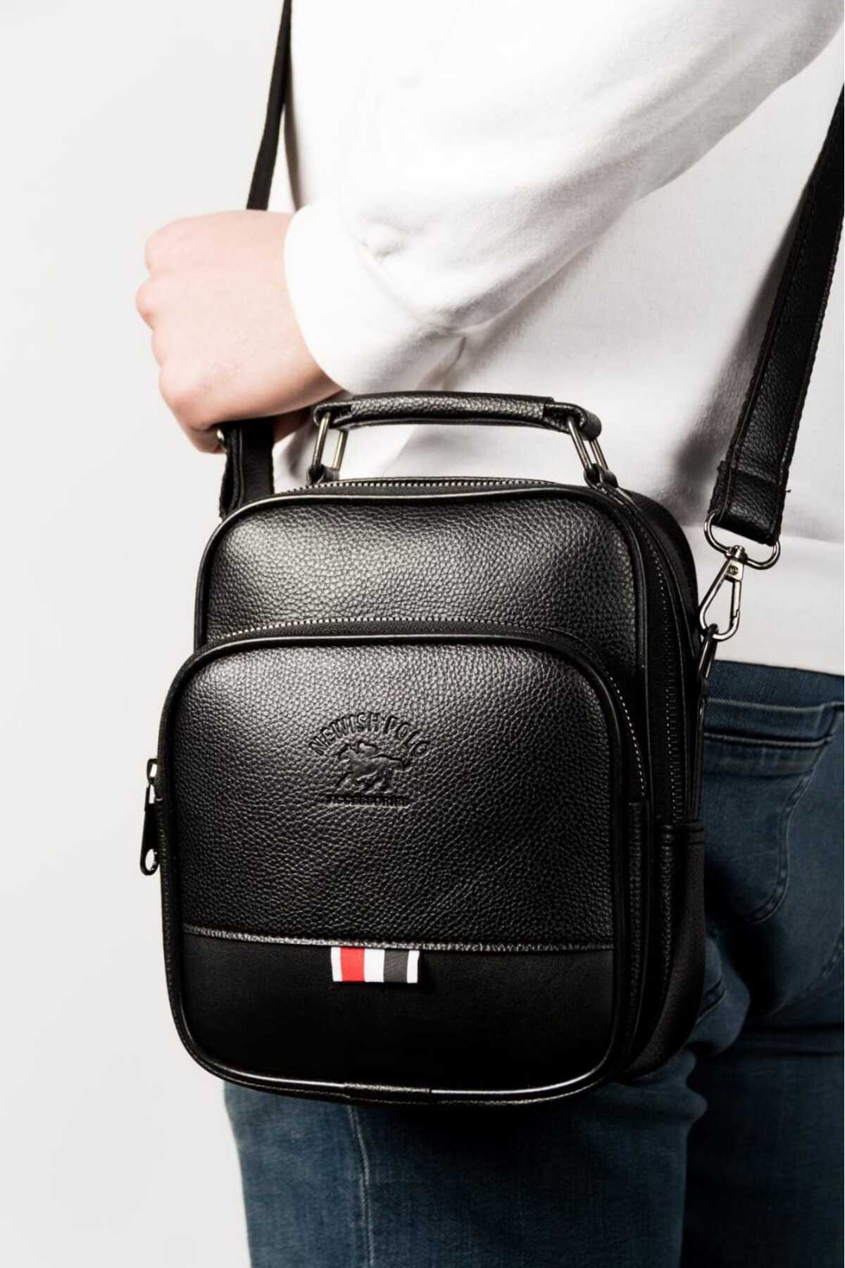 Newish Polo Erkek Siyah Deri Voyager Şık Günlük El Ve Omuz Çantası Şık Crossbody Günlük Erkek Seyahat Çantası görsel 5