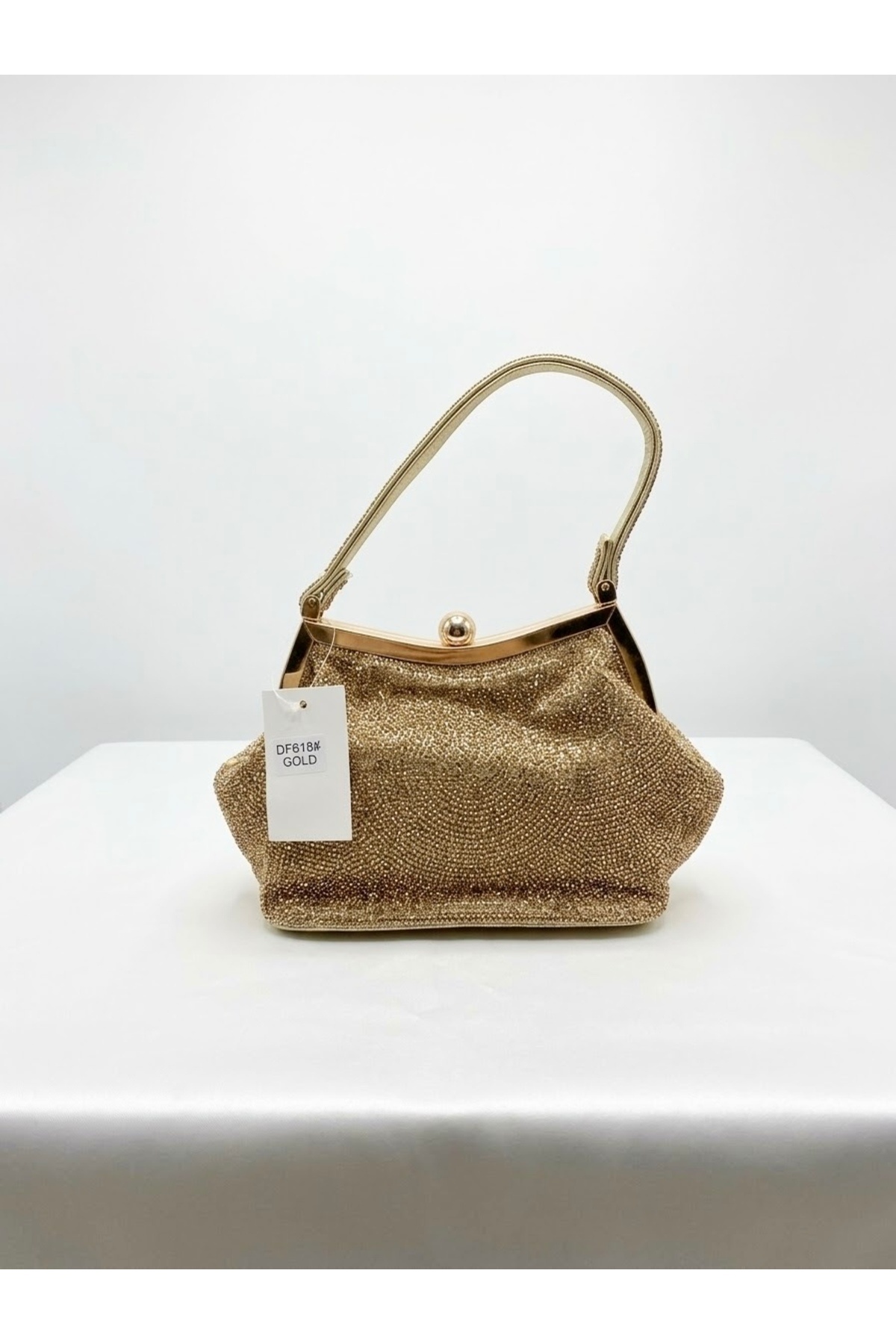 selma demir İthal Taş İşlemeli Detay Gold Davet Özel Gün Clutch Çanta görsel 3