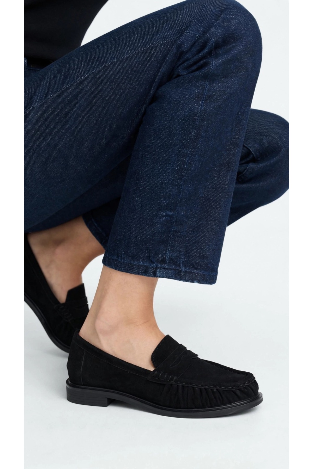 Trendlov OLVENİA Siyah Süet Kadın Loafer - Büzgülü Penny Moccasin görsel 3