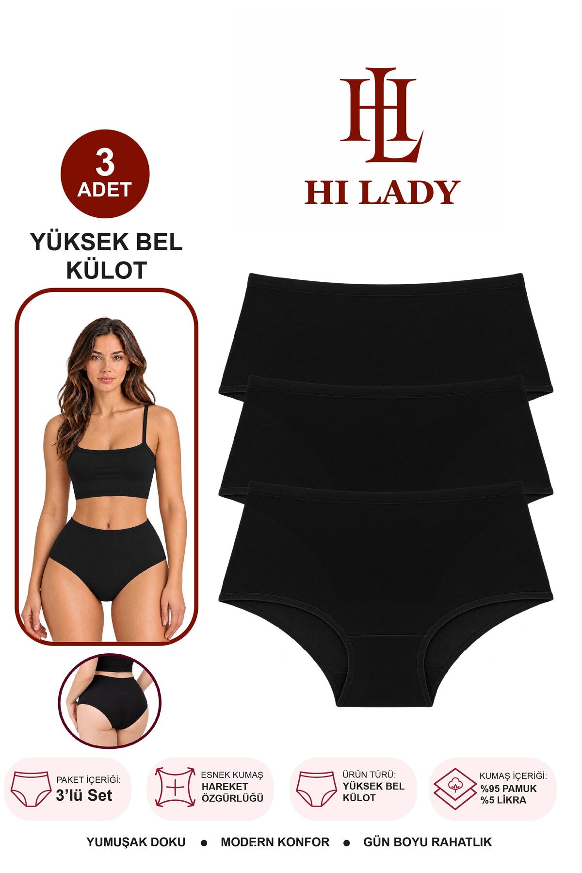 Hilady 3'lü paket yüksek bel siyah kadın külot