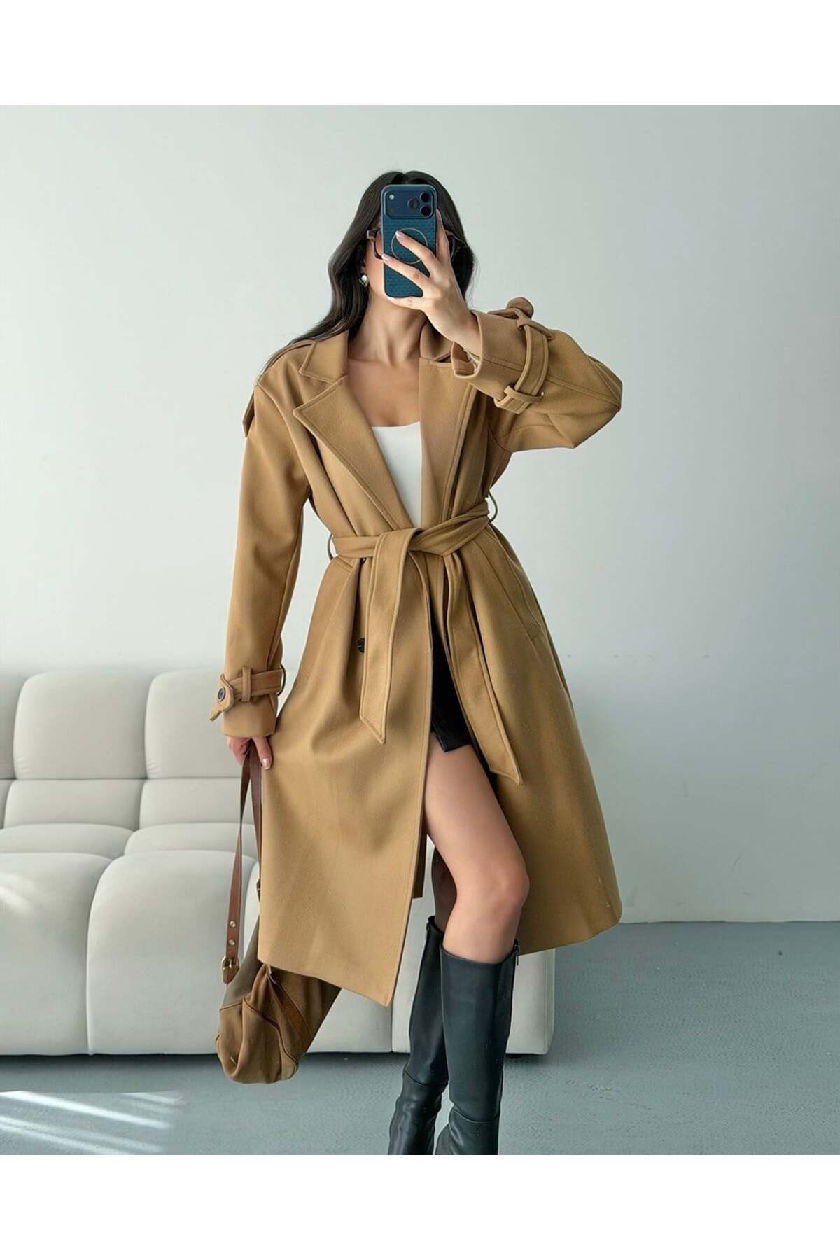 FERZOLAİO Premium Modern Camel Kaşe Kaban görsel 4