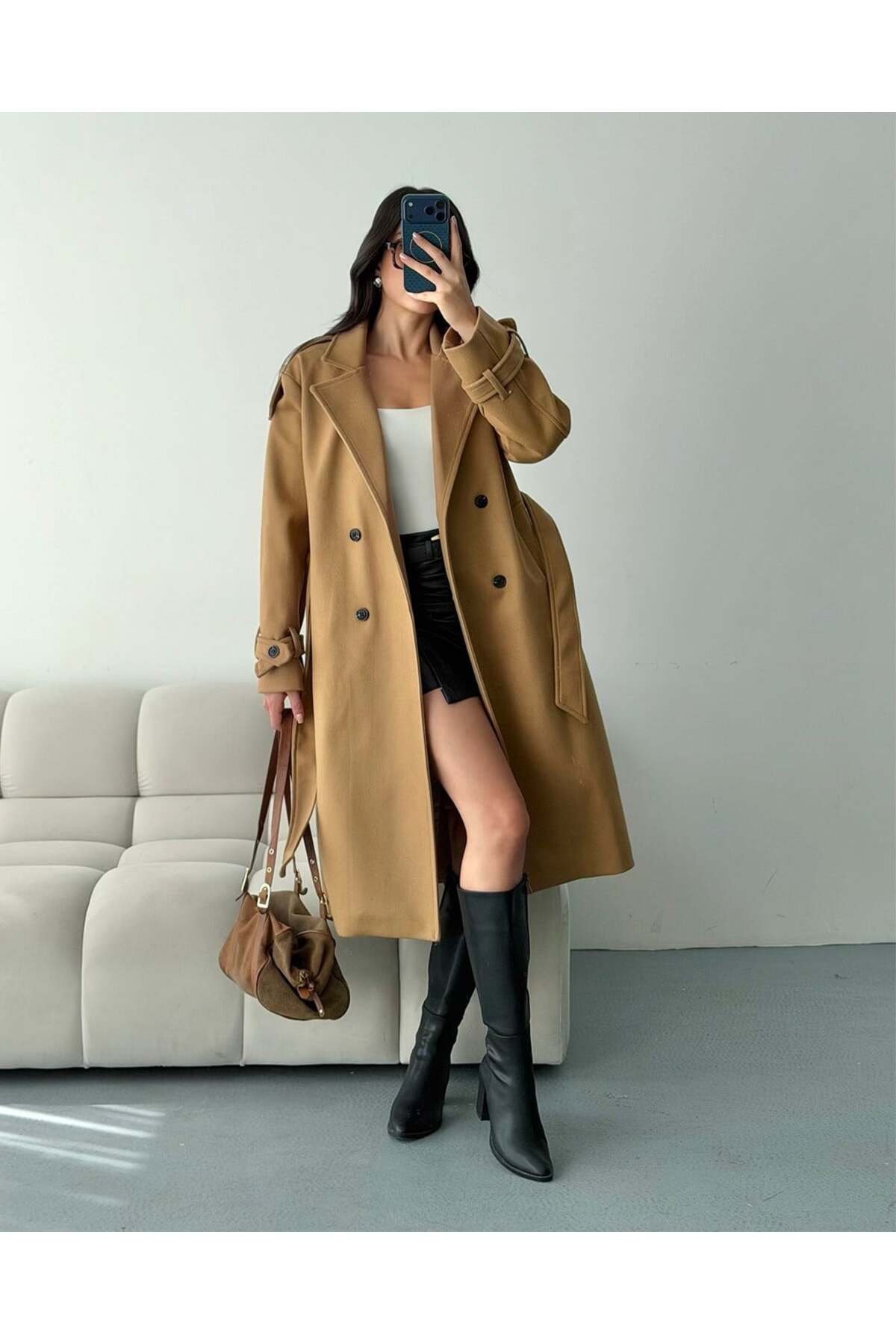 FERZOLAİO Premium Modern Camel Kaşe Kaban