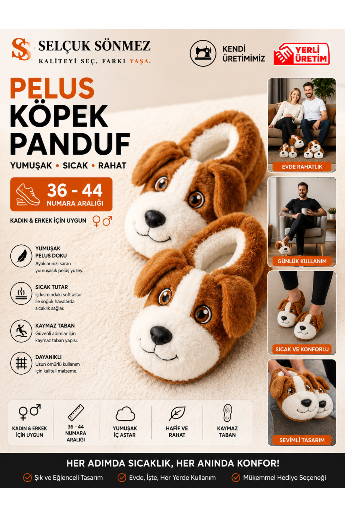 SELÇUK SÖNMEZ Kahverengi Peluş Köpek Panduf Ev Terliği 36-40 Numara