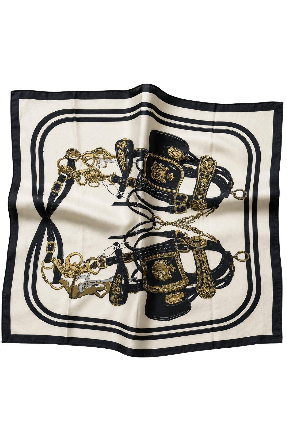 AFVENTE At Desen Siyah-Krem Soft Fular Eşarp 90x90 cm görsel 5