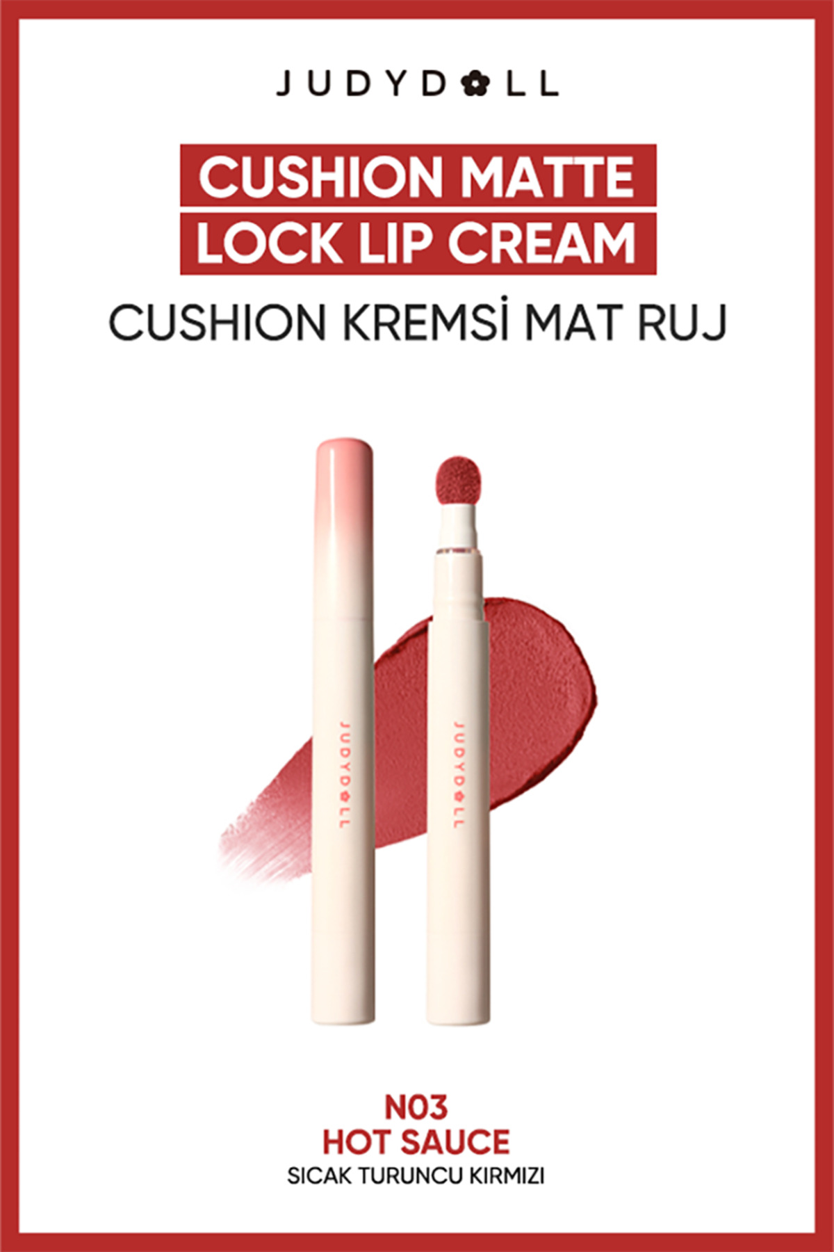 JUDYDOLL Cushion Matte Lock Lip Cream N03 Hot Sauce Mat Likit Ruj | Uzun Süre Kalıcı Kırmızı Ruj — صورتی judydoll-9401429852437