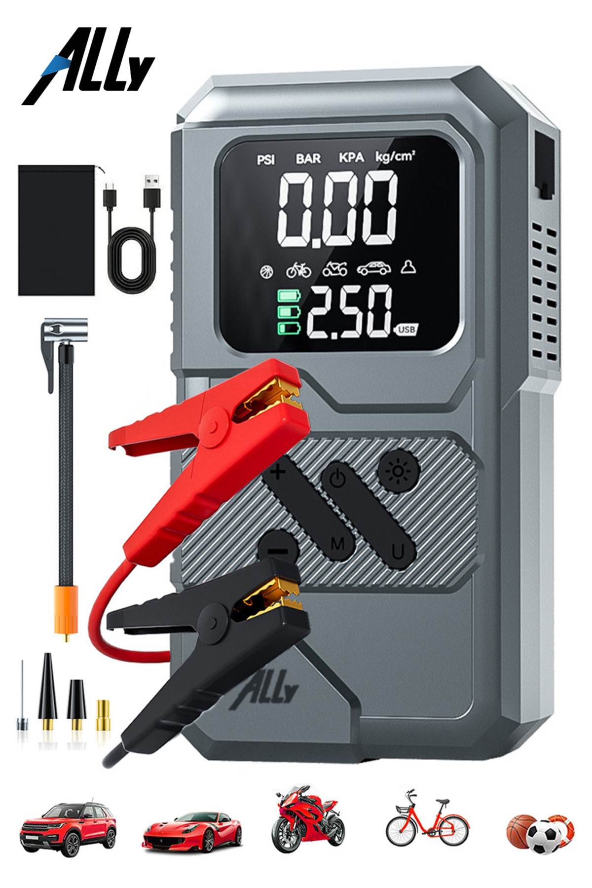 Ally 4 in1 Jump Starter Lastik Sisirme Pompası Ve Powerbank Özellikli Starter Akü Takviye Seti