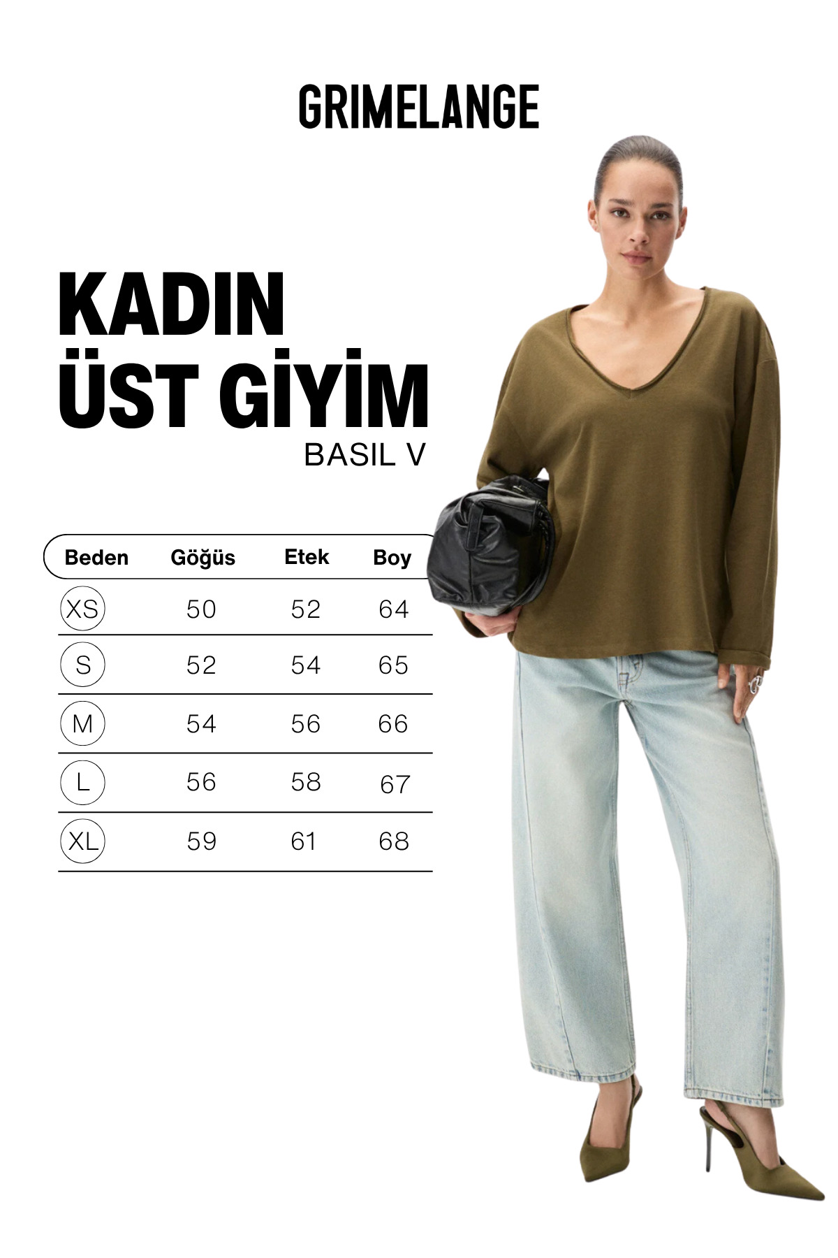 GRIMELANGE BASIL V Kadın Oversize Uzun Kollu Ve V Yakalı Haki Bluz görsel 7