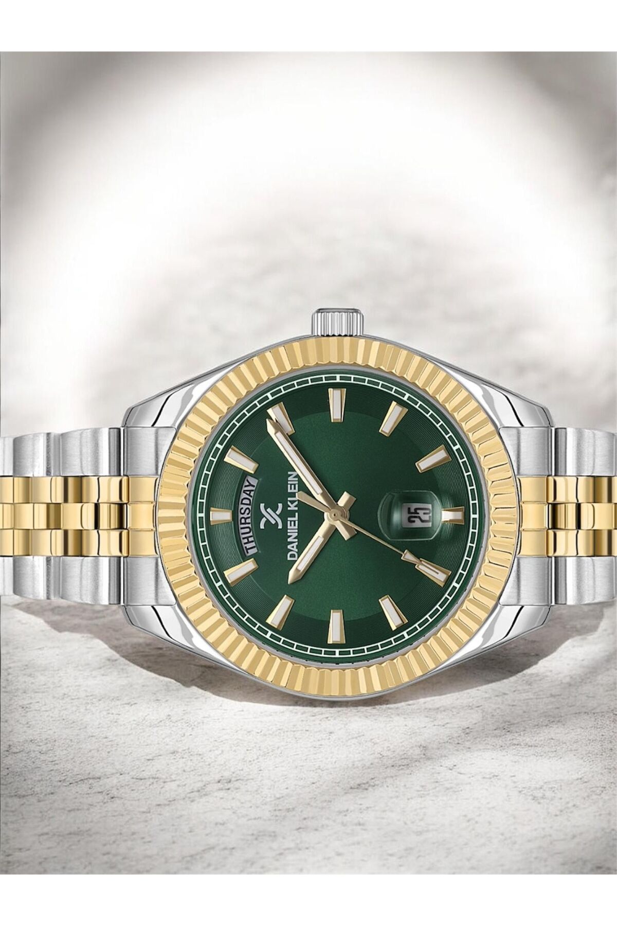 Daniel Klein Rolex Kasa İçi Yeşil Sarı Gümüş Kordon Erkek Kol Saati Su Geçirmez 2 Yıl Garantili görsel 3