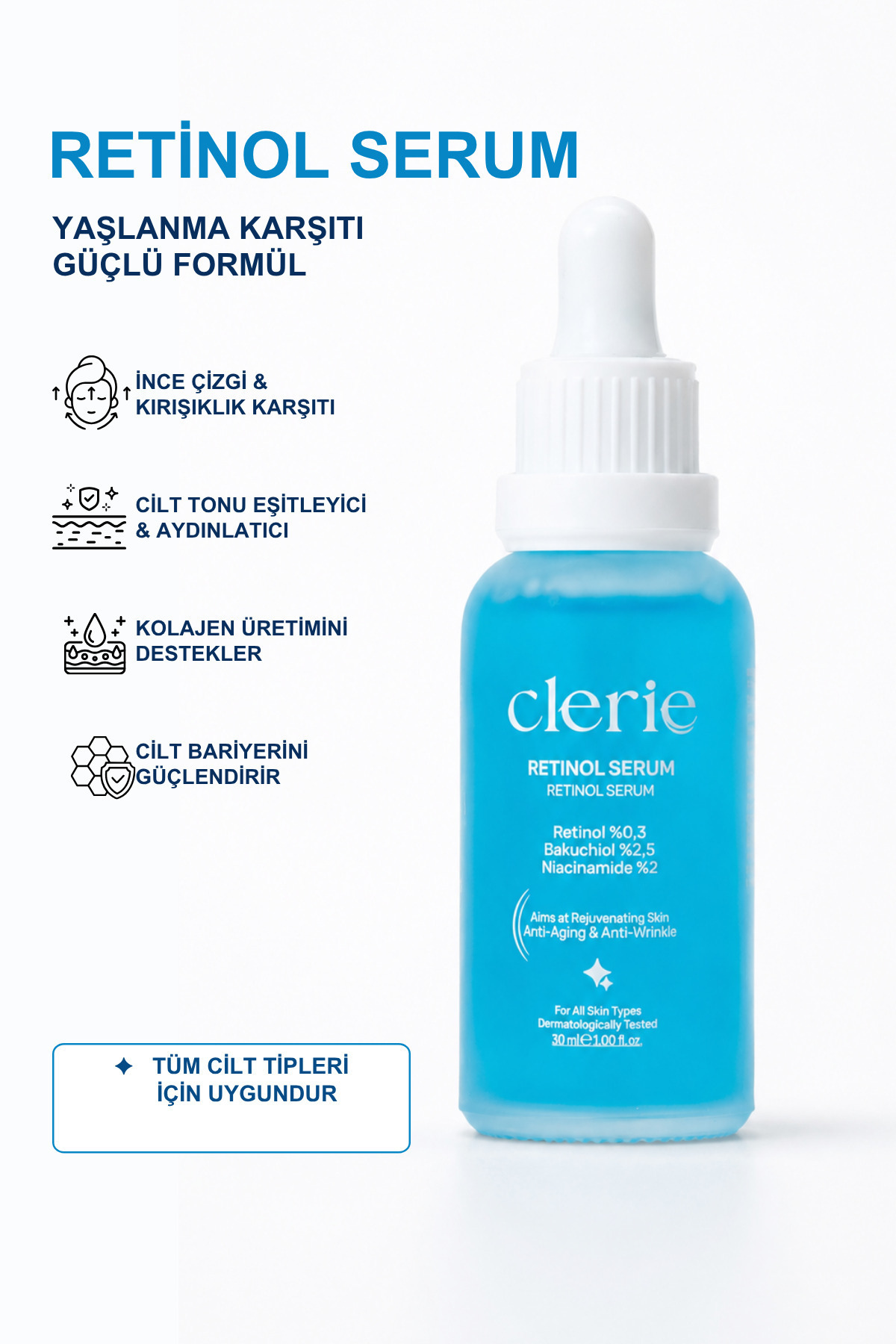 Retinol Serum Yaşlanma ve Kırışıklık Karşıtı %0,3 Retinol %2,5 Bakuchiol %2 Niacinamide 30 ml — Clerie004 — تصویر 3 از 9