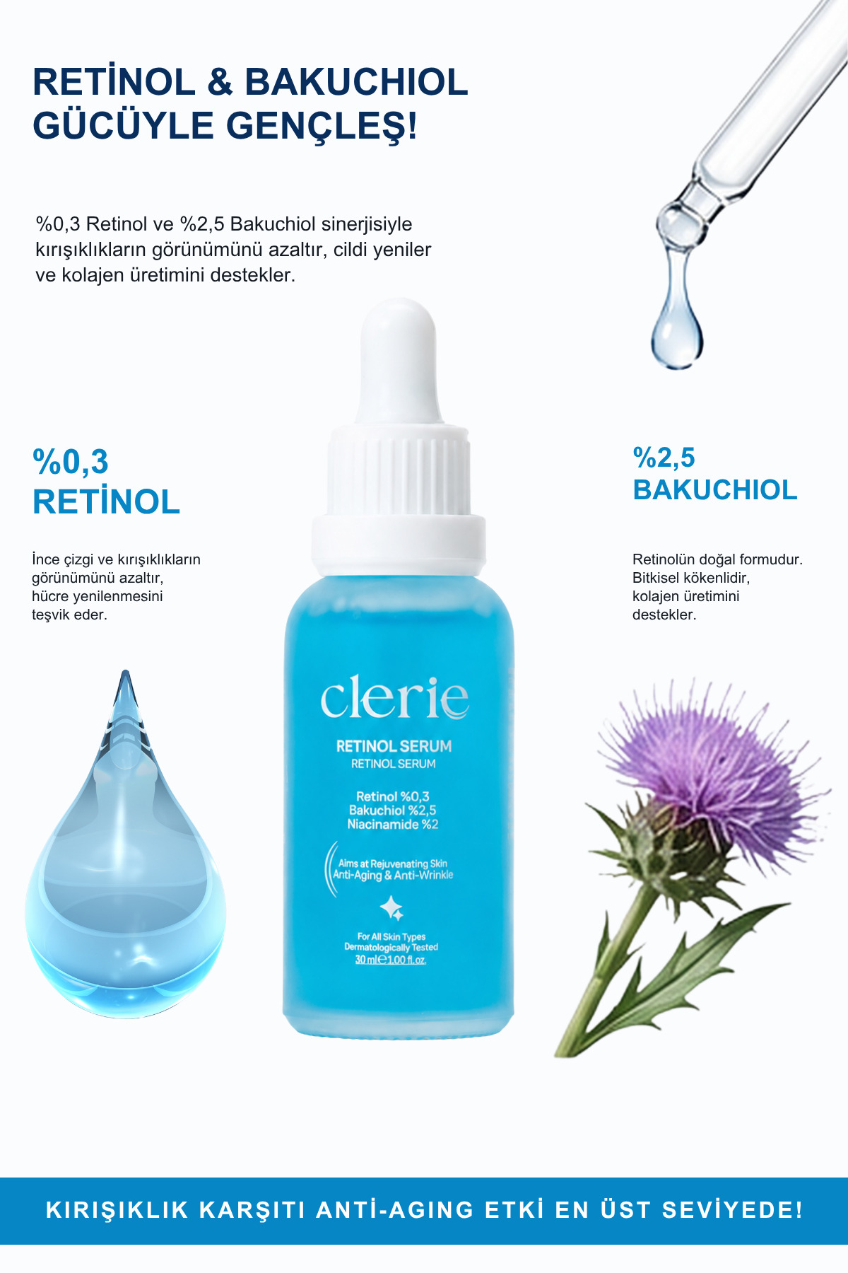 Retinol Serum Yaşlanma ve Kırışıklık Karşıtı %0,3 Retinol %2,5 Bakuchiol %2 Niacinamide 30 ml — Clerie004 — تصویر 4 از 9