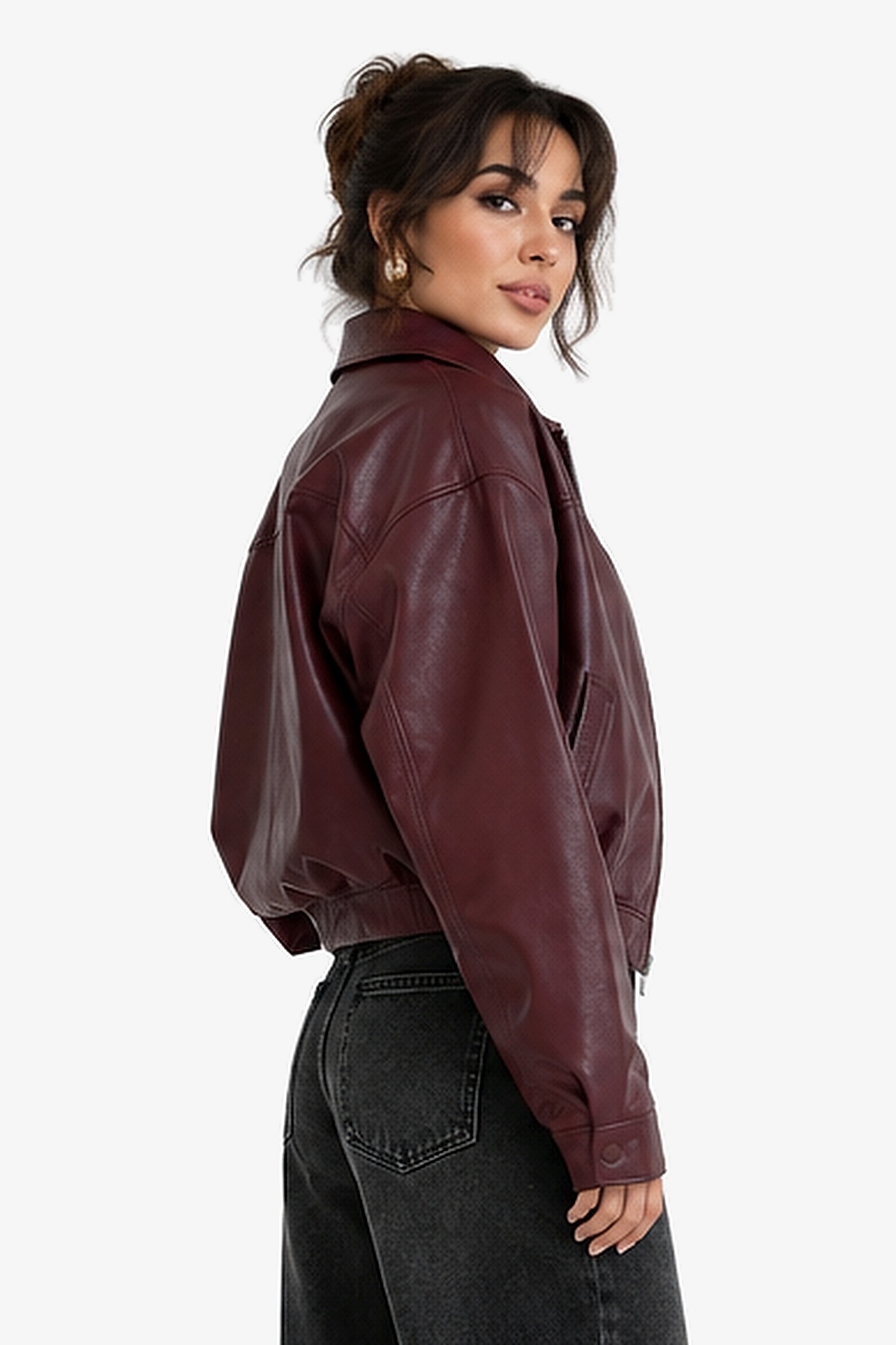 J&KSTORES Bordo Oversize Beli Büzgülü Bomber Deri Ceket görsel 5