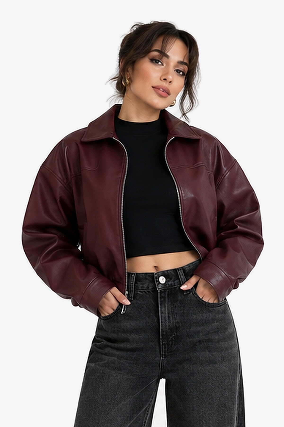 J&KSTORES Bordo Oversize Beli Büzgülü Bomber Deri Ceket görsel 4