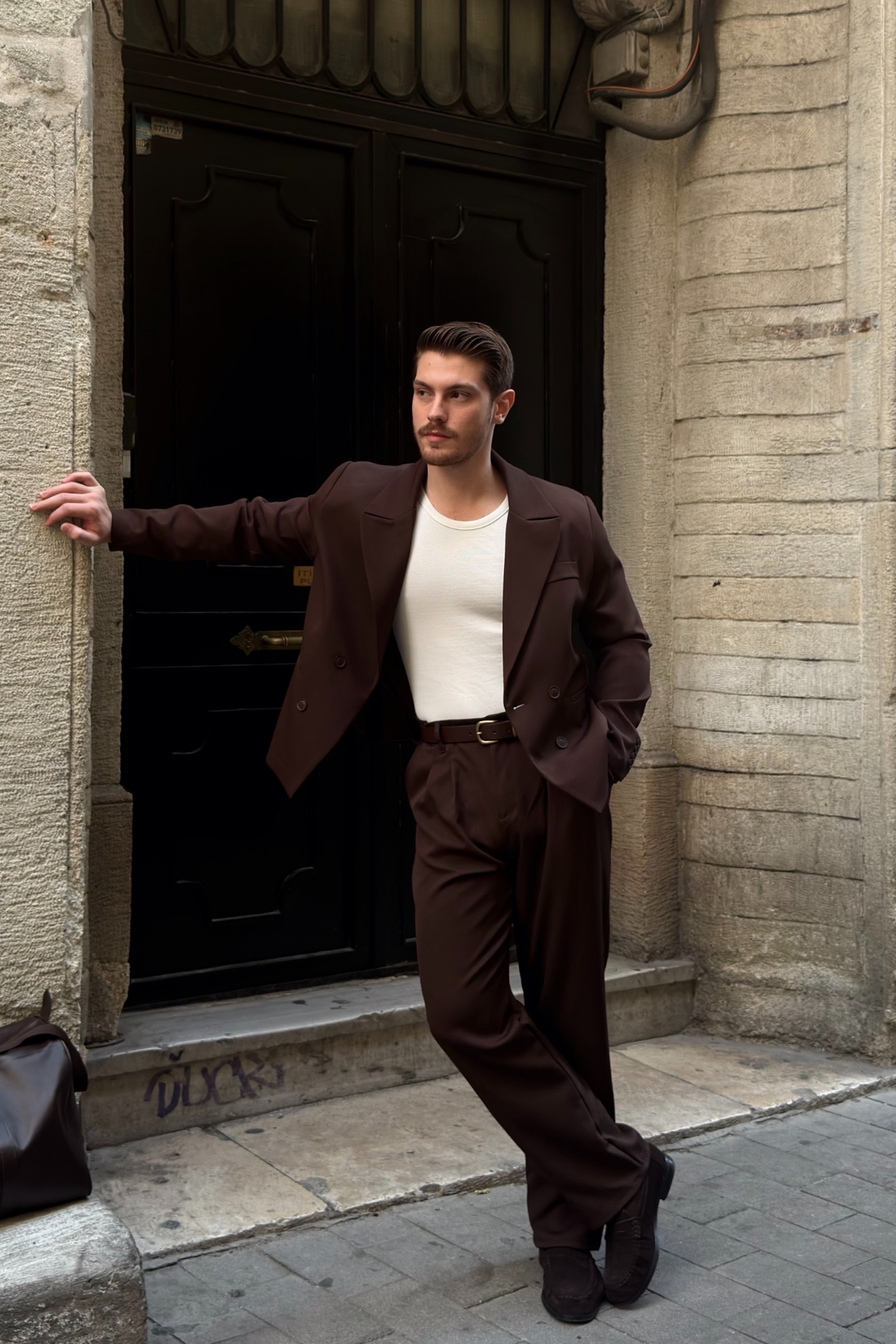 Livio Ferri Aral Premium Kruvaze Boxy Ceket Baggy Pileli Pantolon Kahverengi Erkek Takım görsel 6