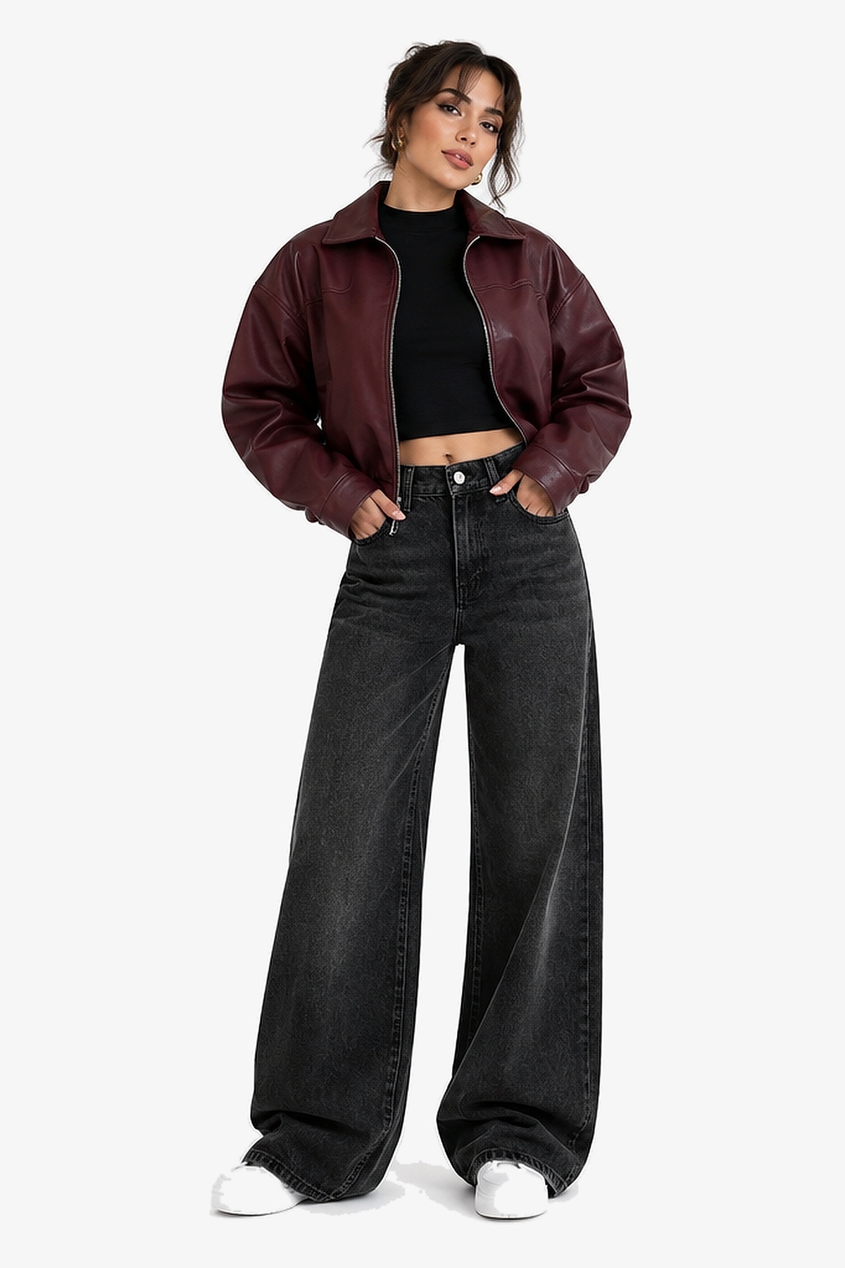 J&KSTORES Bordo Oversize Beli Büzgülü Bomber Deri Ceket