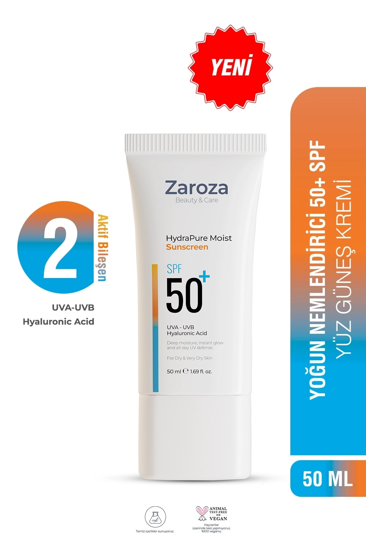 ZAROZA Yüz Güneş Kremi (50 Faktör) - Nemlendirici Etki- Kuru Ciltlere Özel, Hyaluronic Acid UVA UVB SPF50+ — ZRZ040