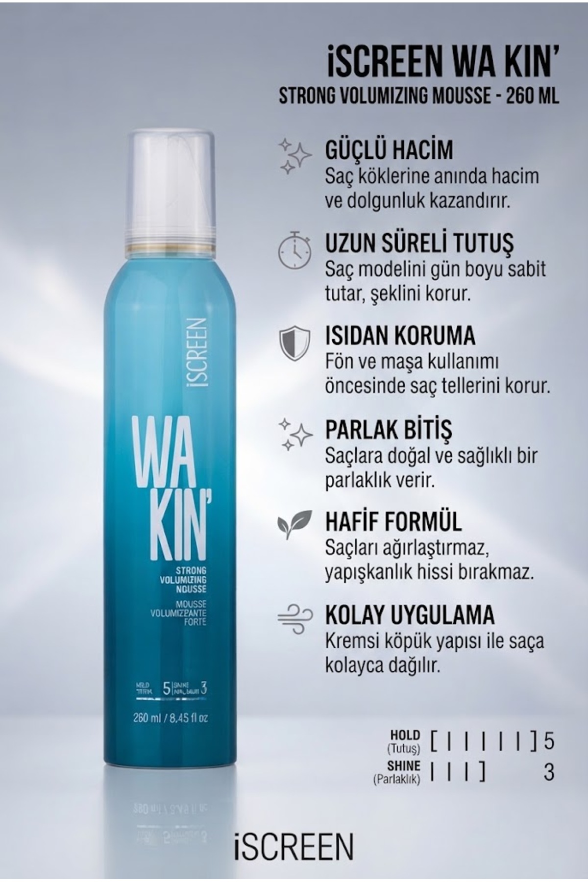 Güçlü Tutucu Hacim Veren Saç Köpüğü 250 ml - Dolgunlaştırıcı Şekillendirici - Wakin Strong Hold Mousse — SCR-WKN-250-STRM — تصویر 2 از 3