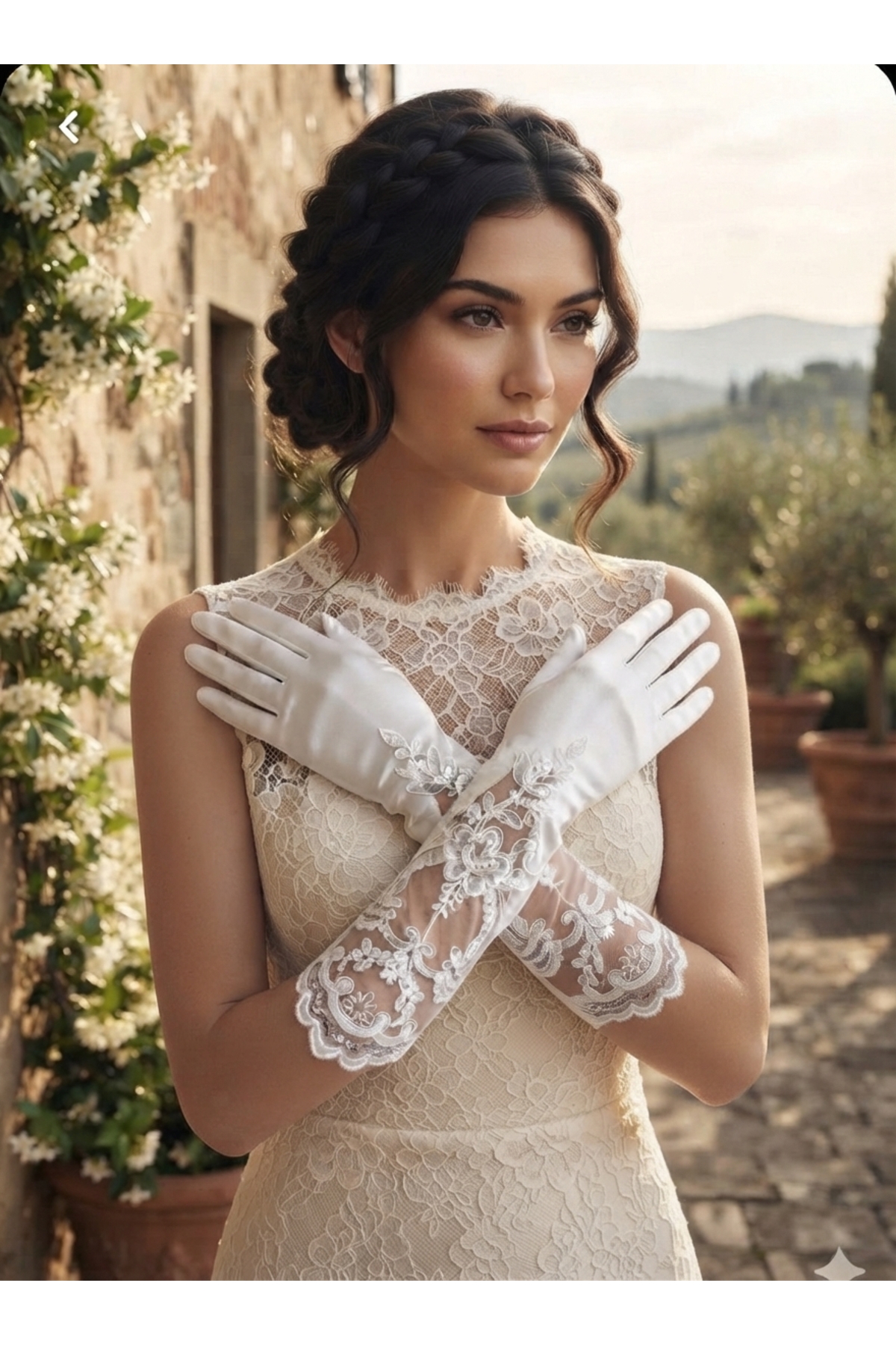 Esram Butik Beyaz Saten Dantel Detaylı Uzun Gelin Eldiveni, Tül Üzeri İşlemeli Nikah Eldiveni görsel 5
