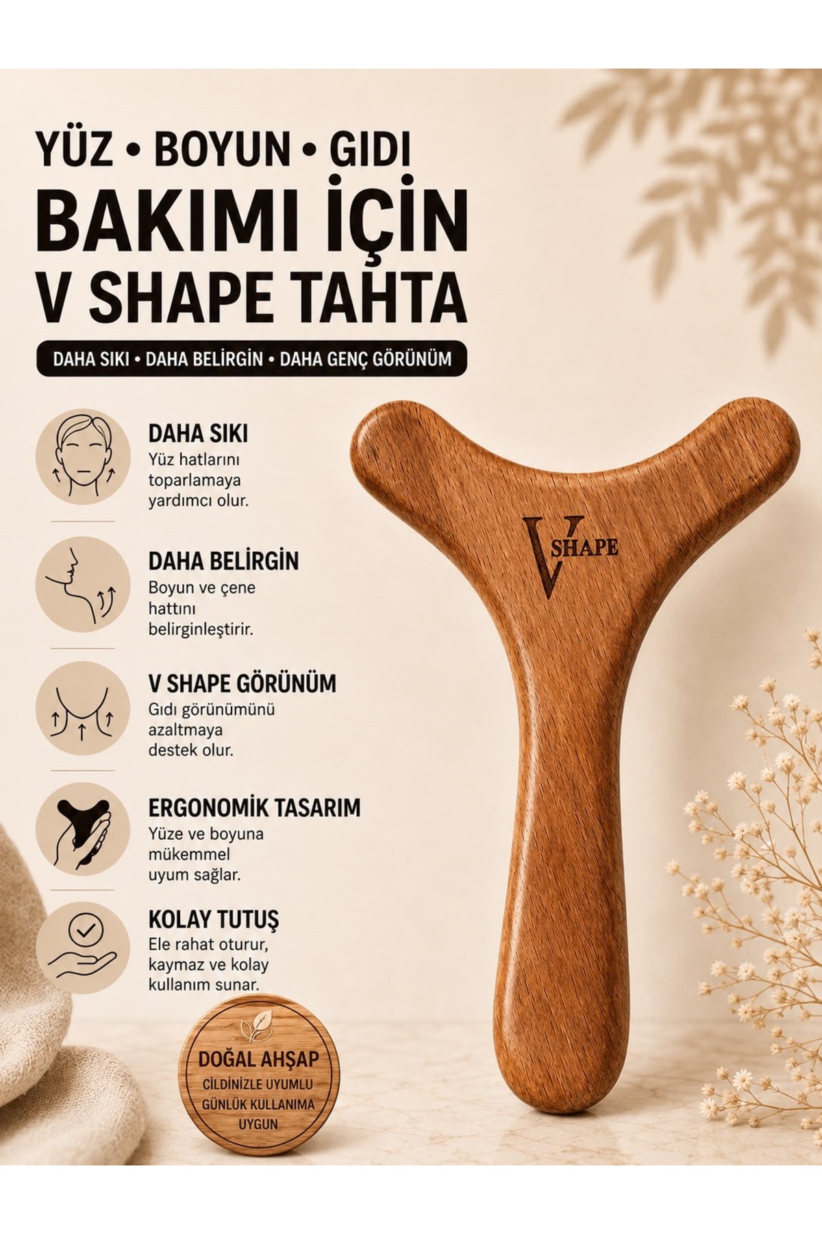 V Shape Yüz, Gıdı, Boyun, Sarkma ve Kırışıklık Bakımı Masaj Tahtası – Ahşap Yüz Masaj Aleti, Çene Hattı — gıdıtahta — تصویر 4 از 4