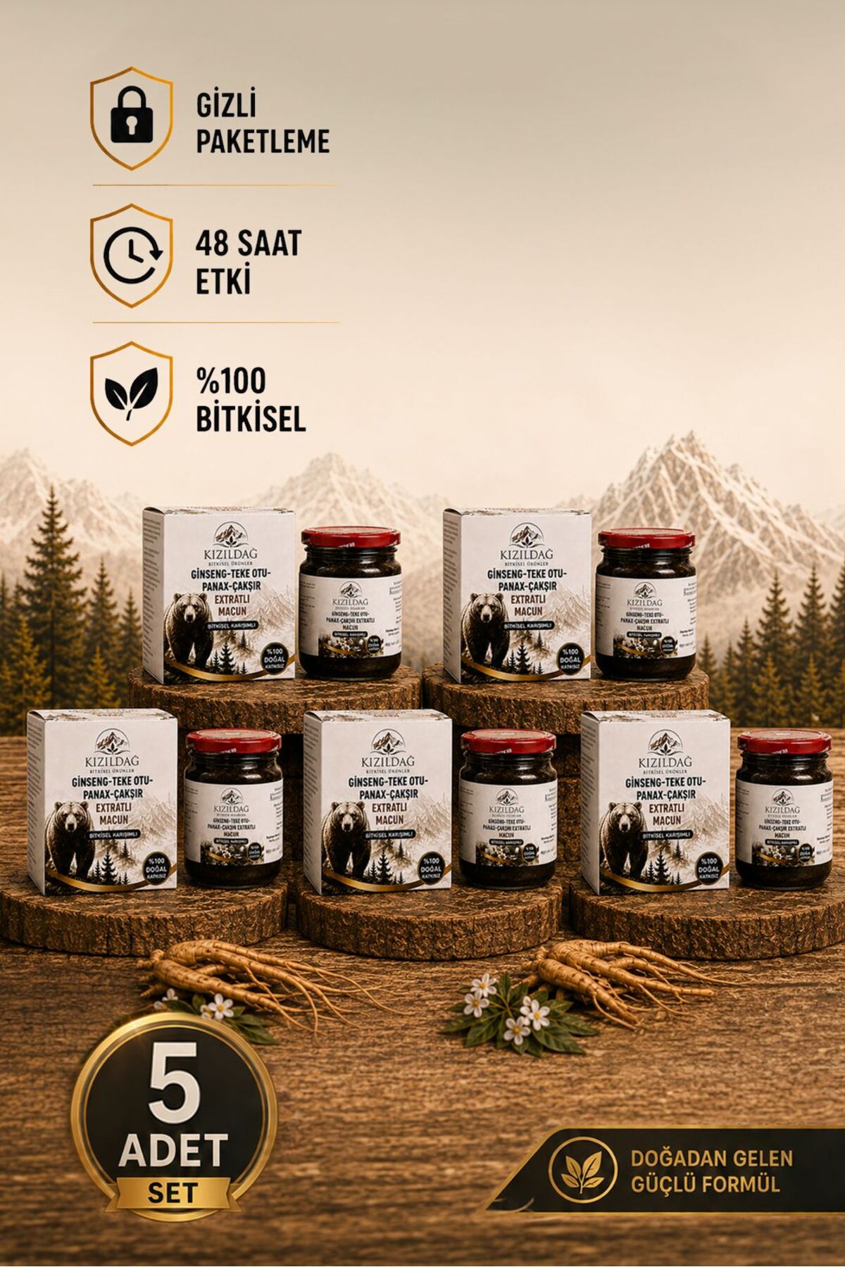 KIZILDAĞ BİTKİSEL ÜRÜNLER Ginseng Atom Güç Kuvvet Macun Mesir Macunu Çakşır Panax Teke Otu 5X240 GR — 5.Lİ SET