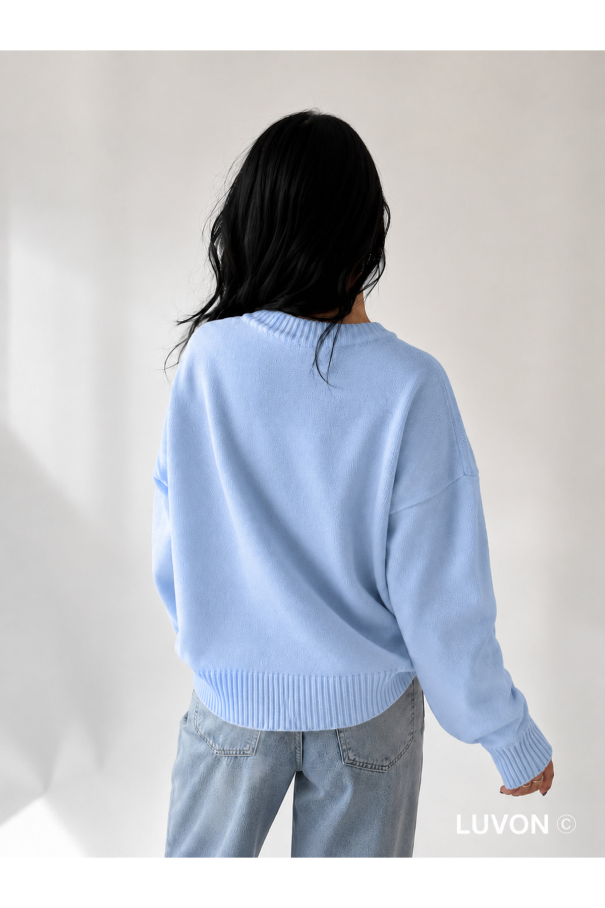 LUVON Mavi Bisiklet Yaka Oversize Kadın Triko Kazak görsel 3