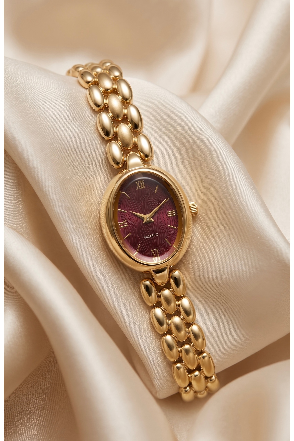 KLISHE Butik Kadın Çelik Saat Gold Renk & Bordo Kadran Vintage Saat Old Money Oval Kasa Roma Rakamlı Lüks Klasik Zarif Şık Kadın Kol Saati | Limited Edition 2026 görsel 2