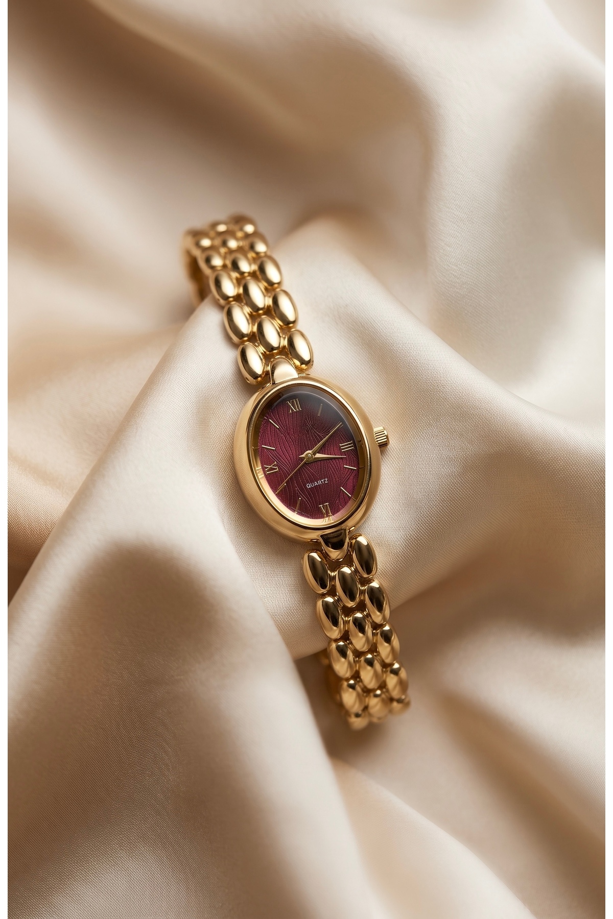 KLISHE Butik Kadın Çelik Saat Gold Renk & Bordo Kadran Vintage Saat Old Money Oval Kasa Roma Rakamlı Lüks Klasik Zarif Şık Kadın Kol Saati | Limited Edition 2026 görsel 7