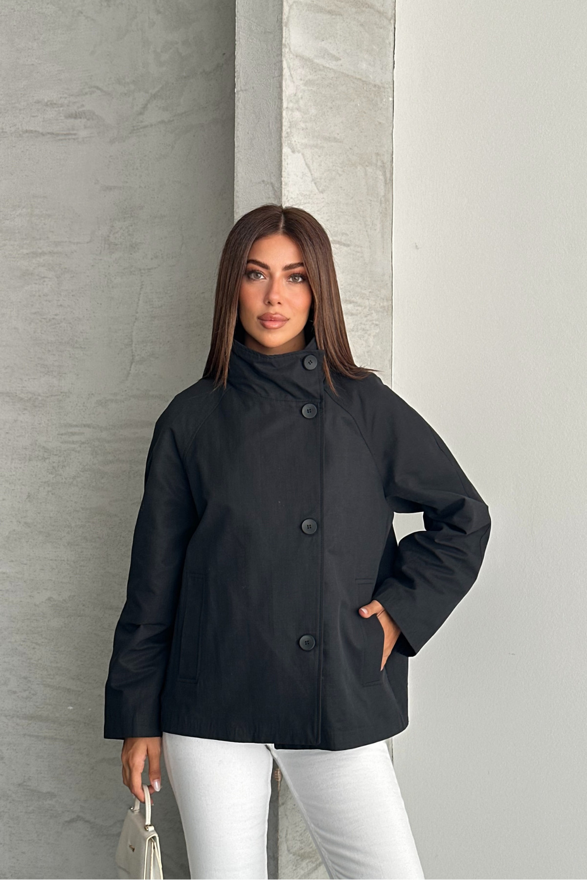 macharel jeans Kadın Astarlı Oversize Düğmeli Geniş Yaka Mevsimlik Trenç Ceket görsel 5