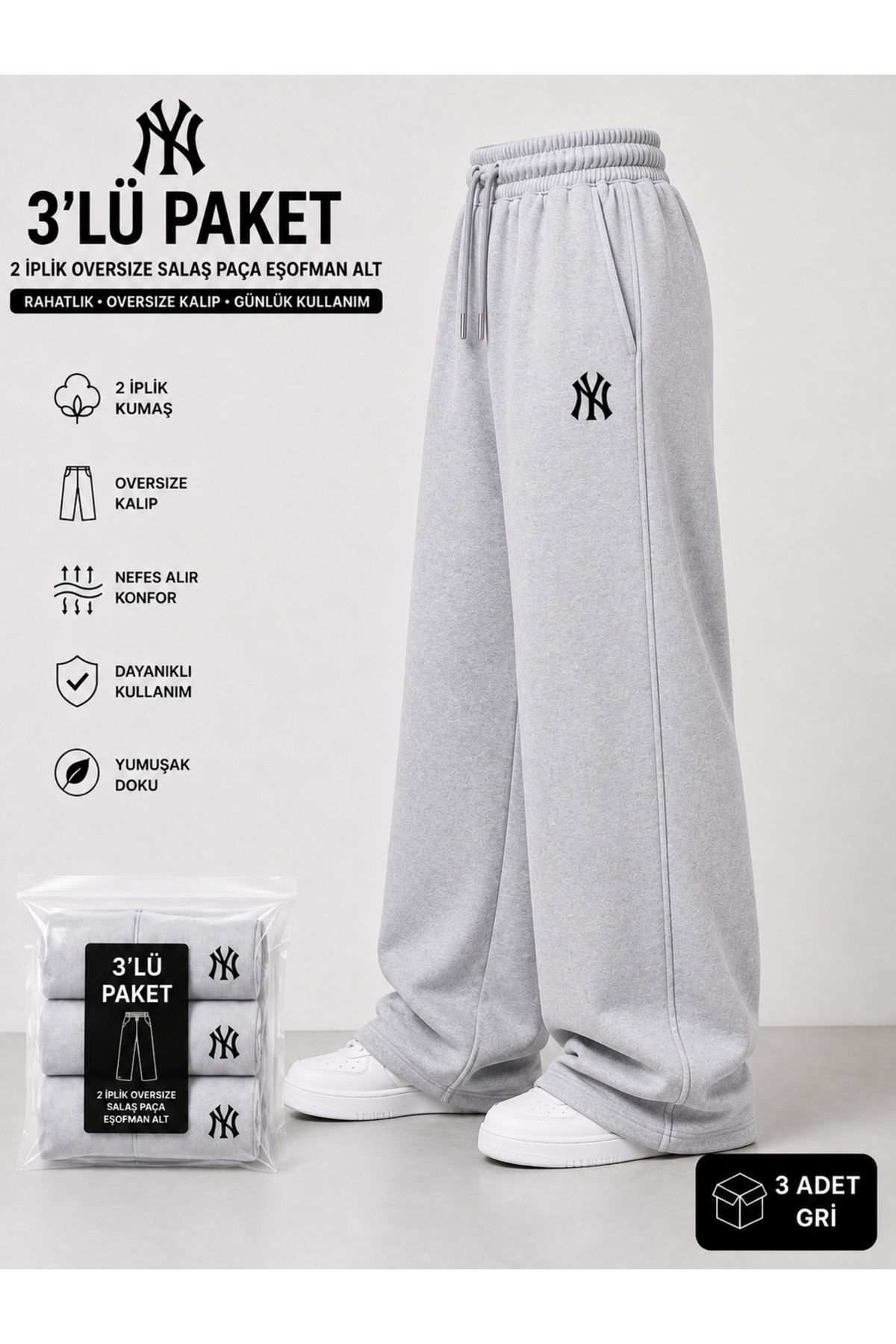 yx yustex sport 3 Adet Çoklu Set NY Baskılı Eşofman Altı (SİYAH+GRİ+SİYAH) Bol Paça Oversize görsel 6