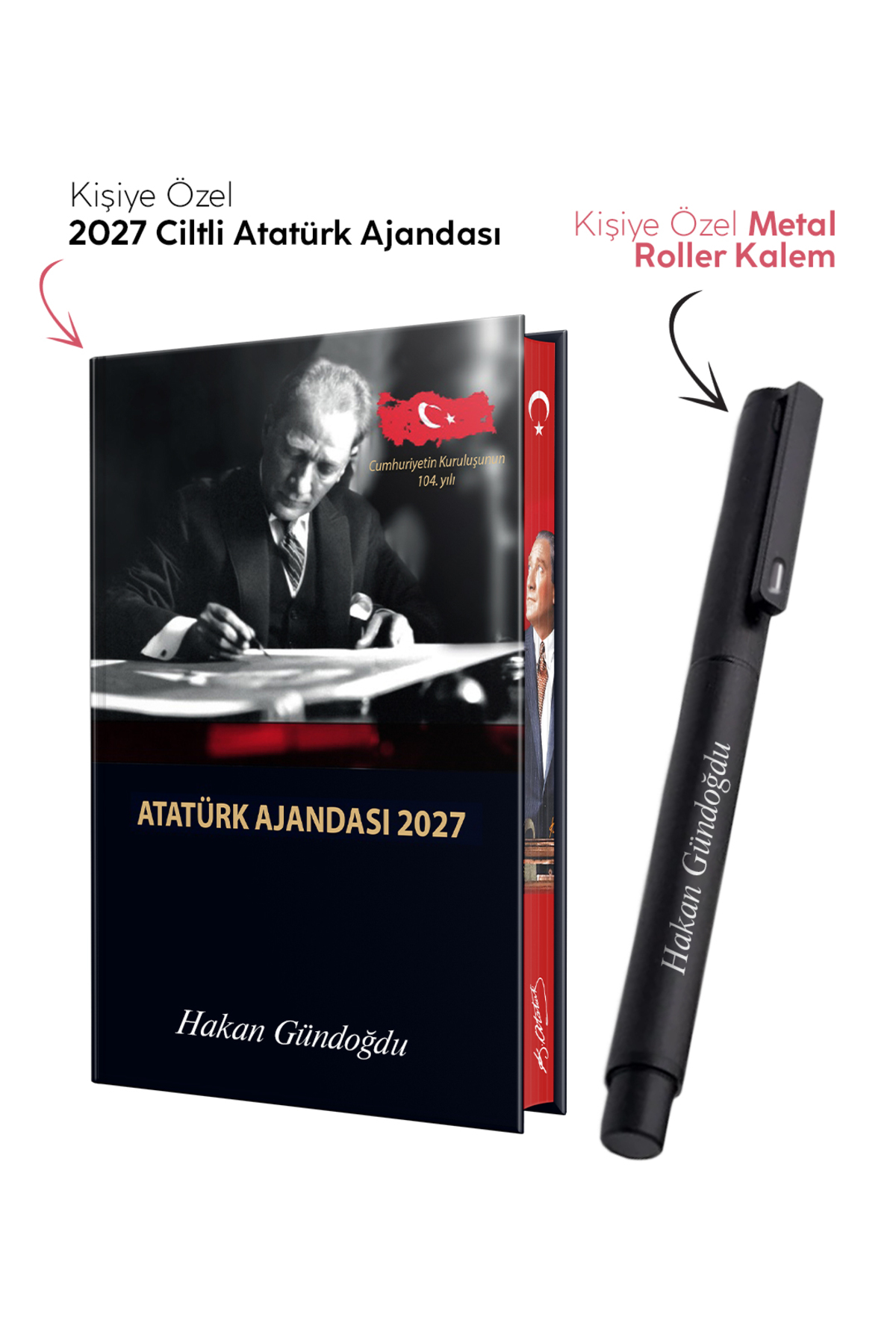 Halk Kitabevi Kişiye Özel 2027 Atatürk Ciltli Ajanda ve Metal Roller Kalem
