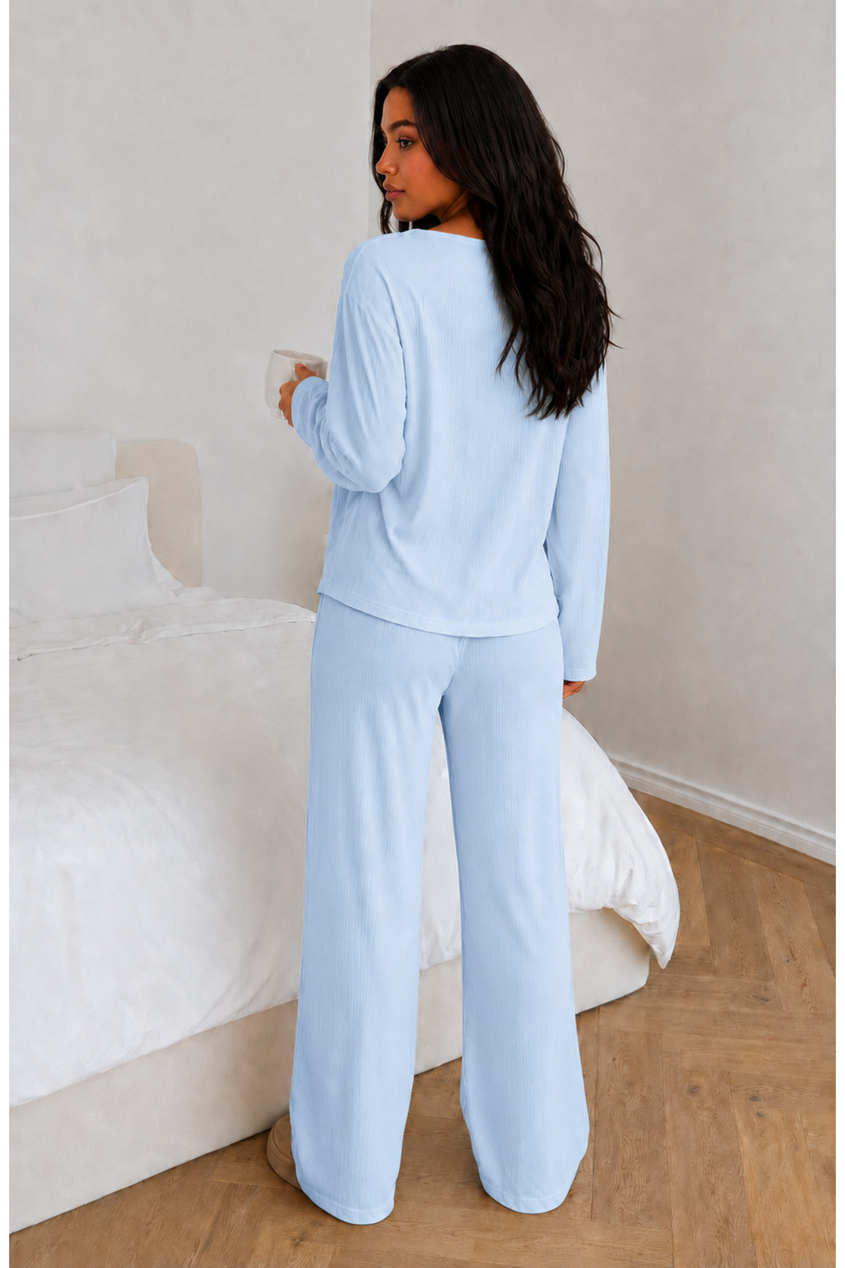 ÖZ PAMUK Kadın Uzun Kollu Raporlu Kumaş Şardonlu SOFT Pijama Takımı, Rahat Kesim Bisiklet Yaka Alt Üst Takım görsel 2
