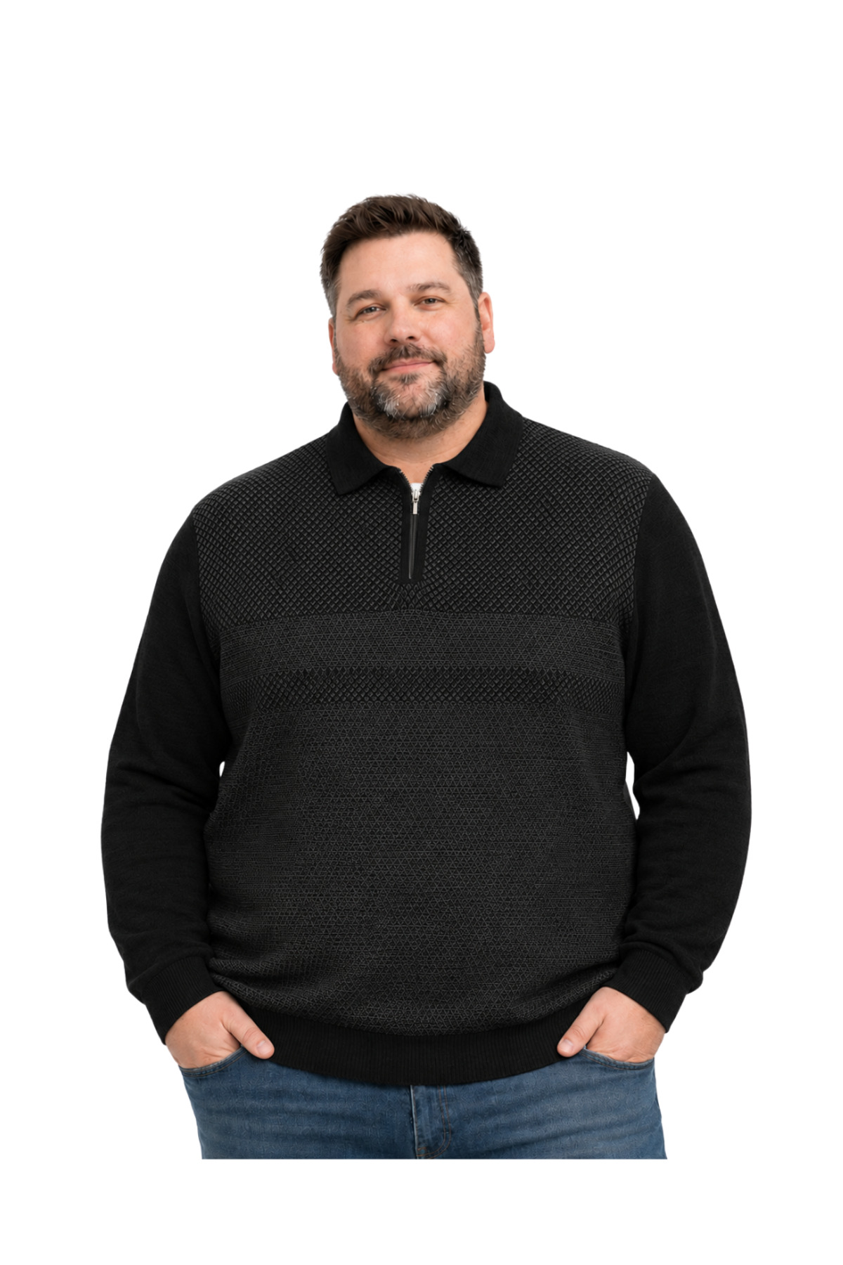 BattalModa Erkek Büyük Beden Siyah Atlas Polo Yaka Fermuarlı Triko Kazak 5XL-6XL-7XL-8XL