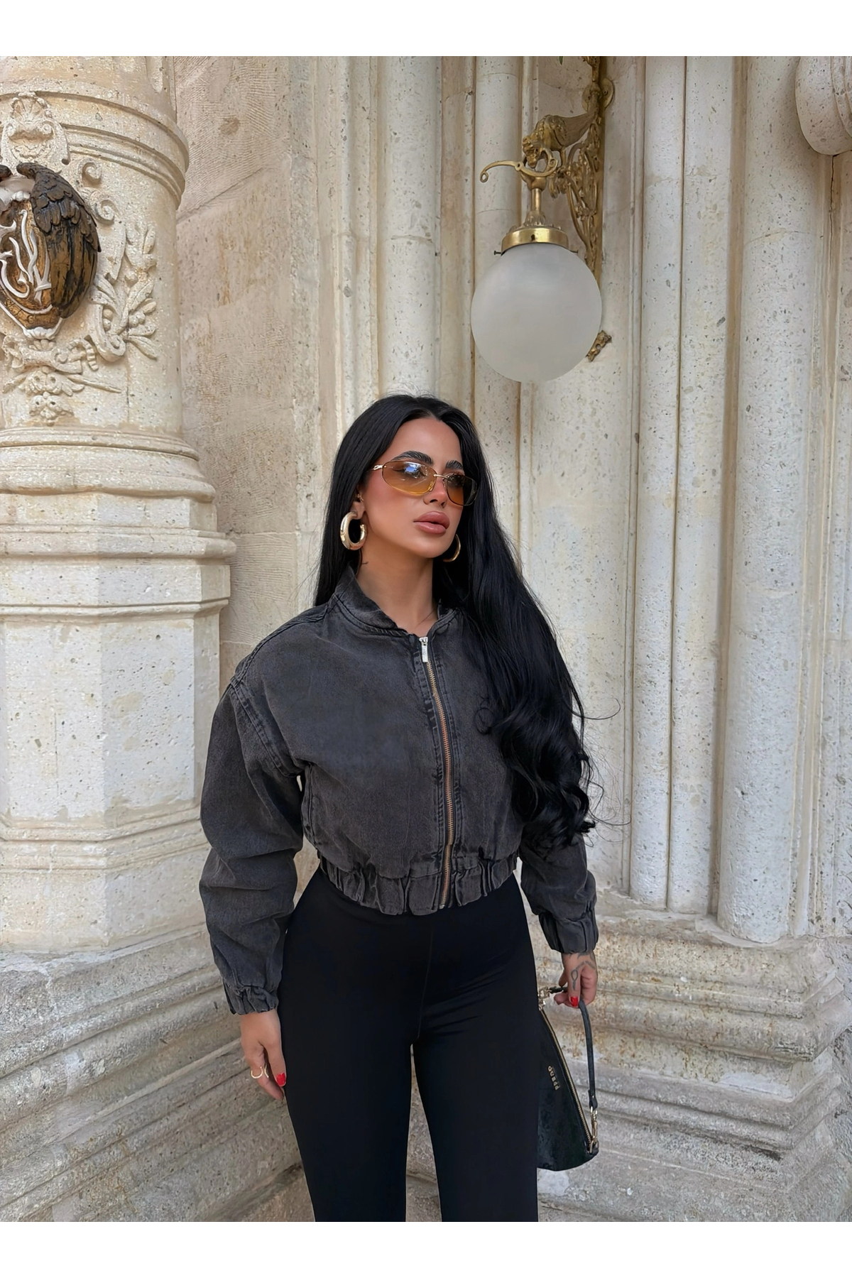 kırmızı butiks Fermuarlı Denim Bomber Ceket