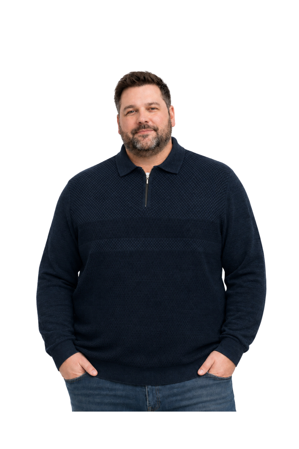 BattalModa Erkek Büyük Beden Melanj Lacivert Atlas Polo Yaka Fermuarlı Triko Kazak 5XL-6XL-7XL-8XL