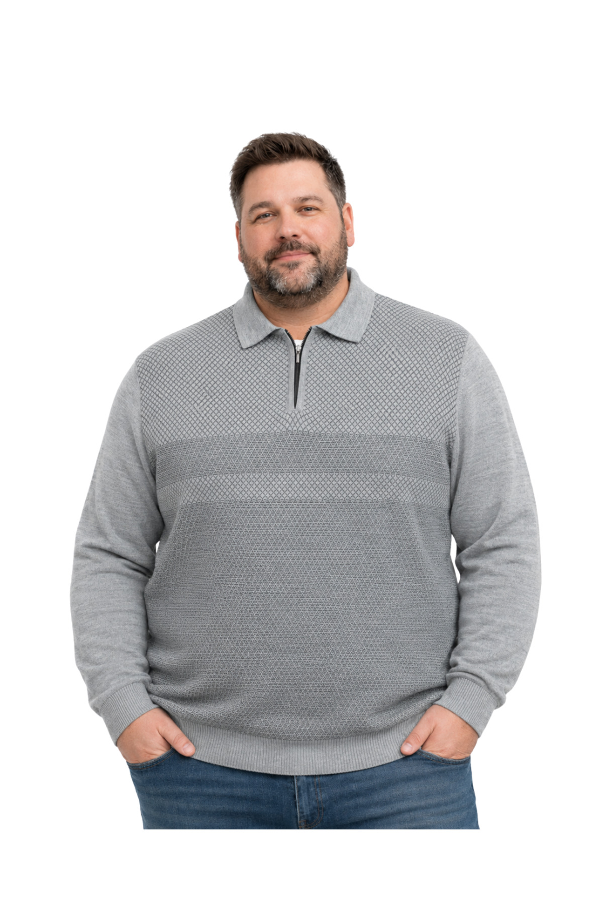 BattalModa Erkek Büyük Beden Gri Atlas Polo Yaka Fermuarlı Triko Kazak 5XL-6XL-7XL-8XL