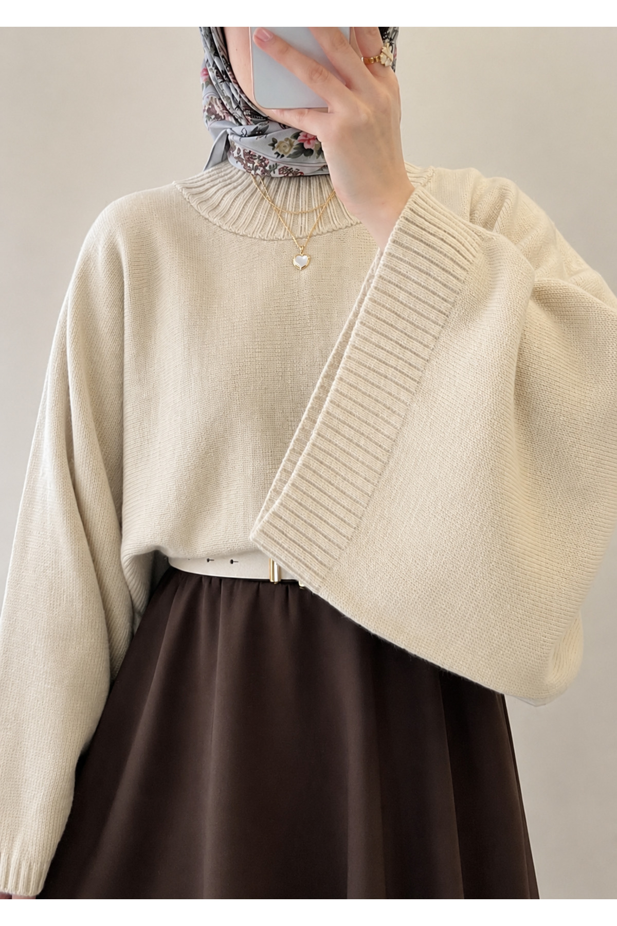 Gülce moda Kadın Yarasa Kol Oversize Triko Kazak Ten görsel 2